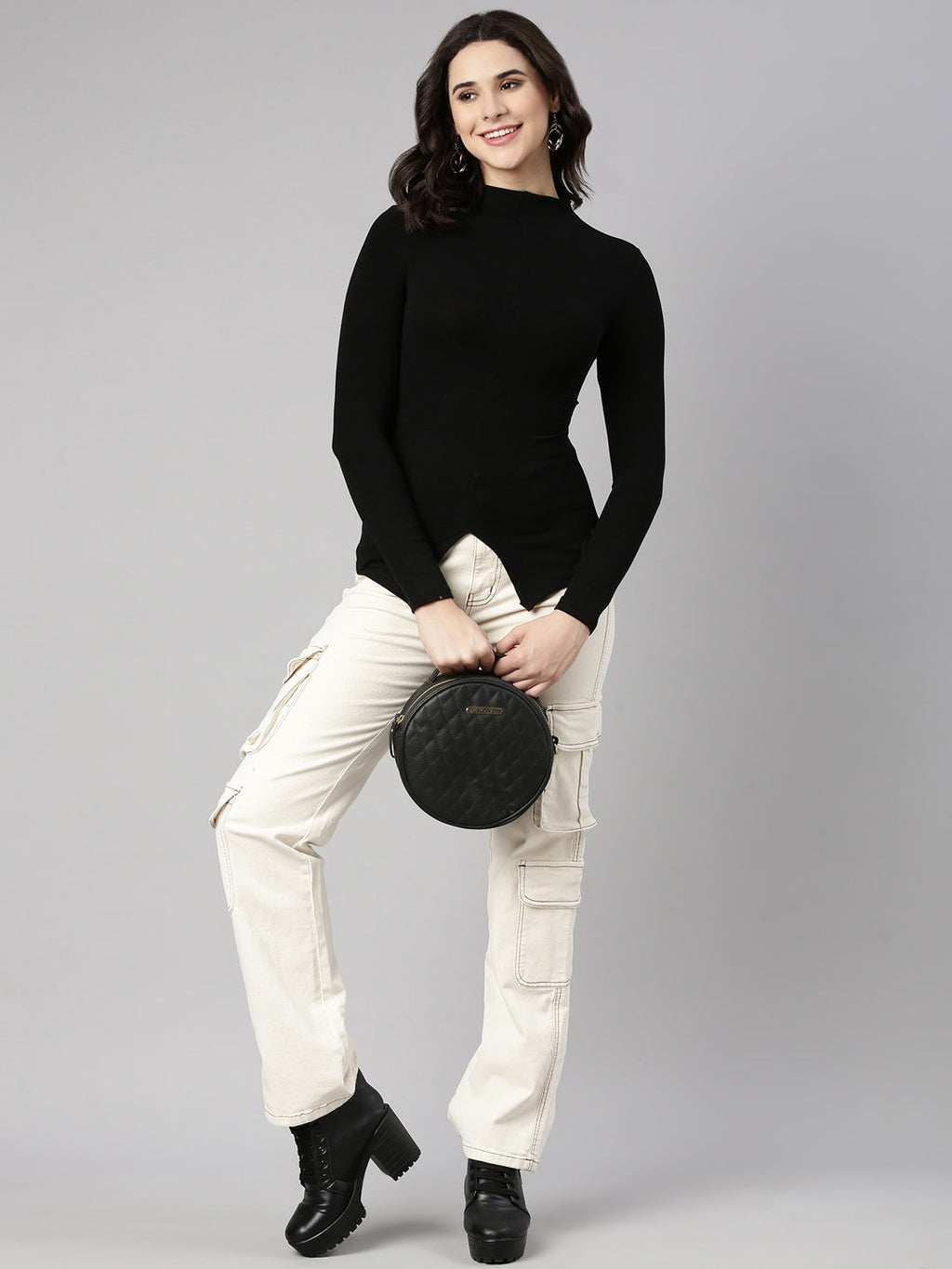 Women's Black High Neck Long Sleeves Top