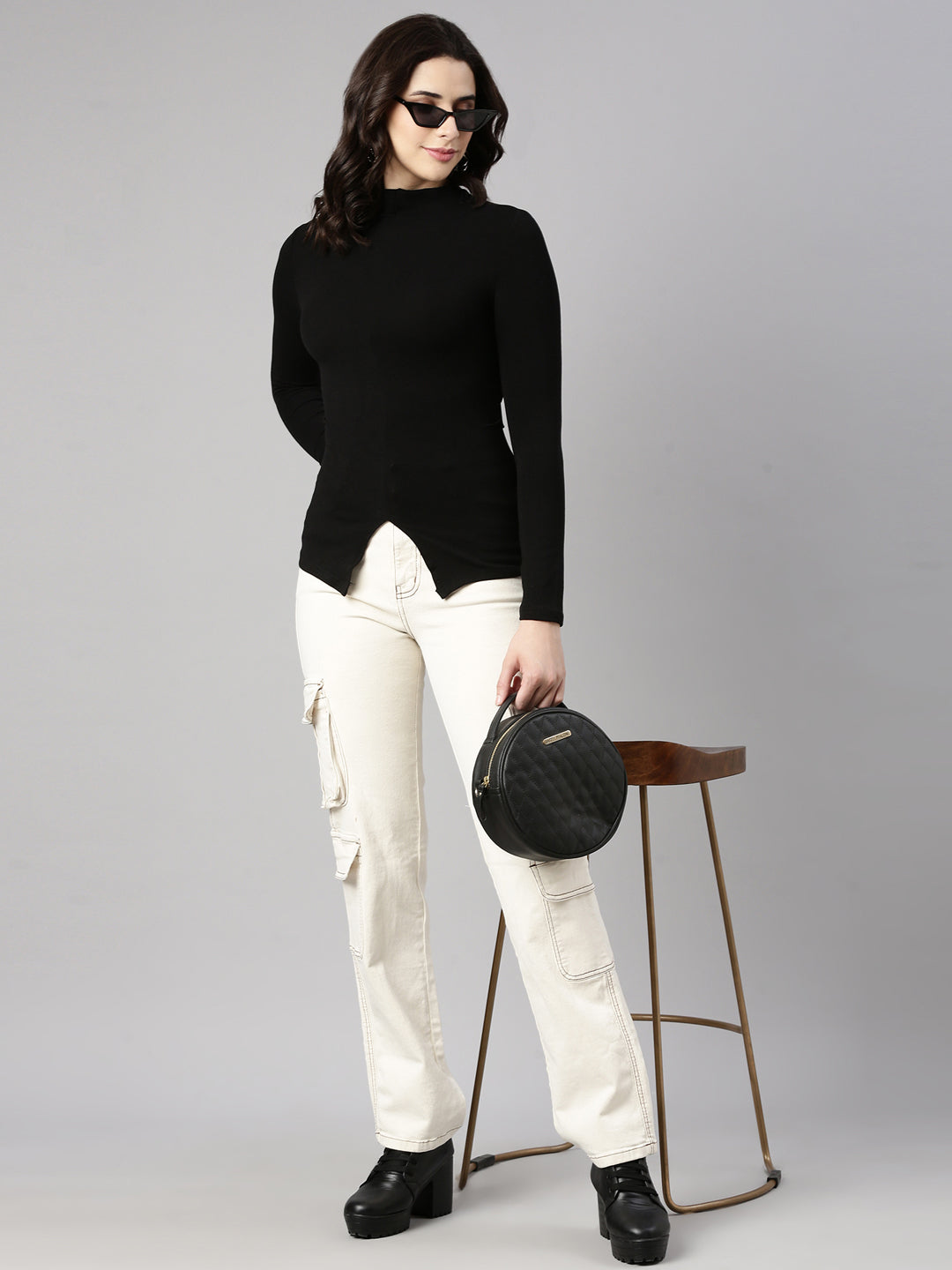 Women's Black High Neck Long Sleeves Top