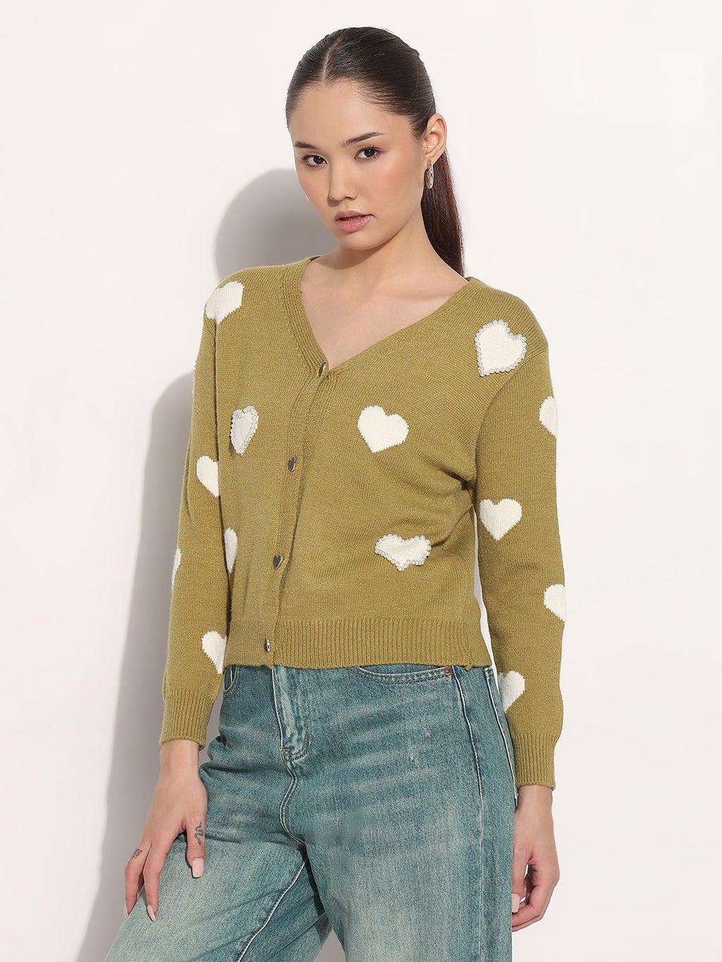 Women's Knitted Green V-Neck Cardigan Top with Heart Embellishments and Buttons