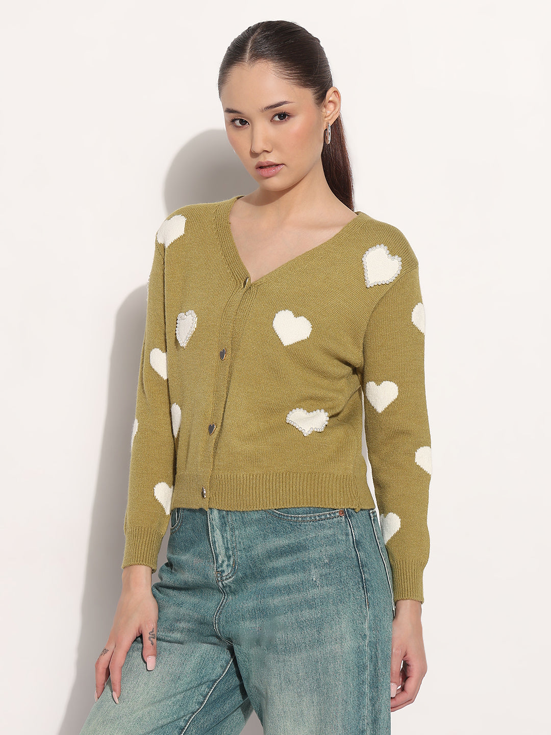 Women's Knitted Green V-Neck Cardigan Top with Heart Embellishments and Buttons