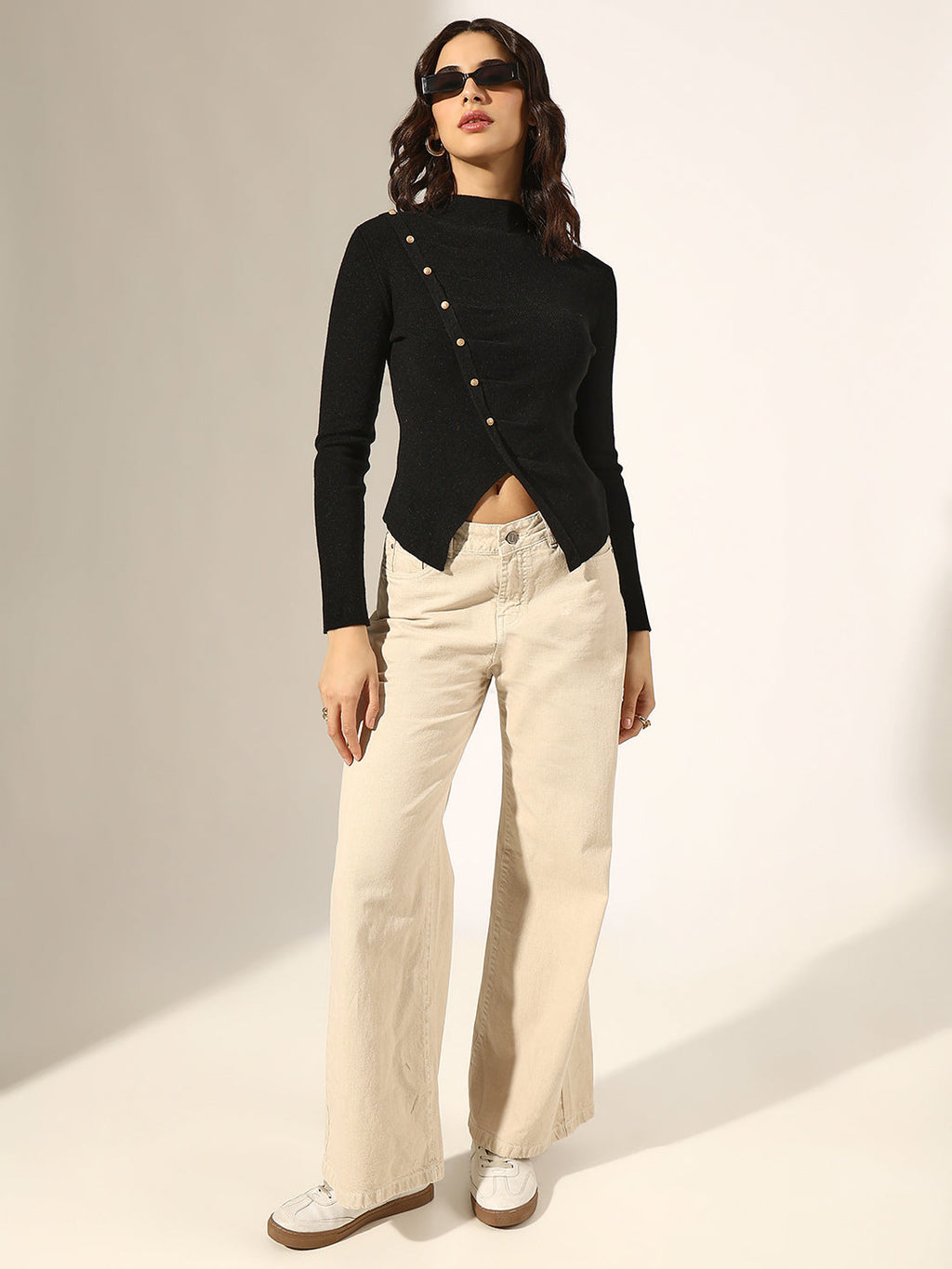 Women's Knitted Black Top with Asymmetric Hem & Button Detail