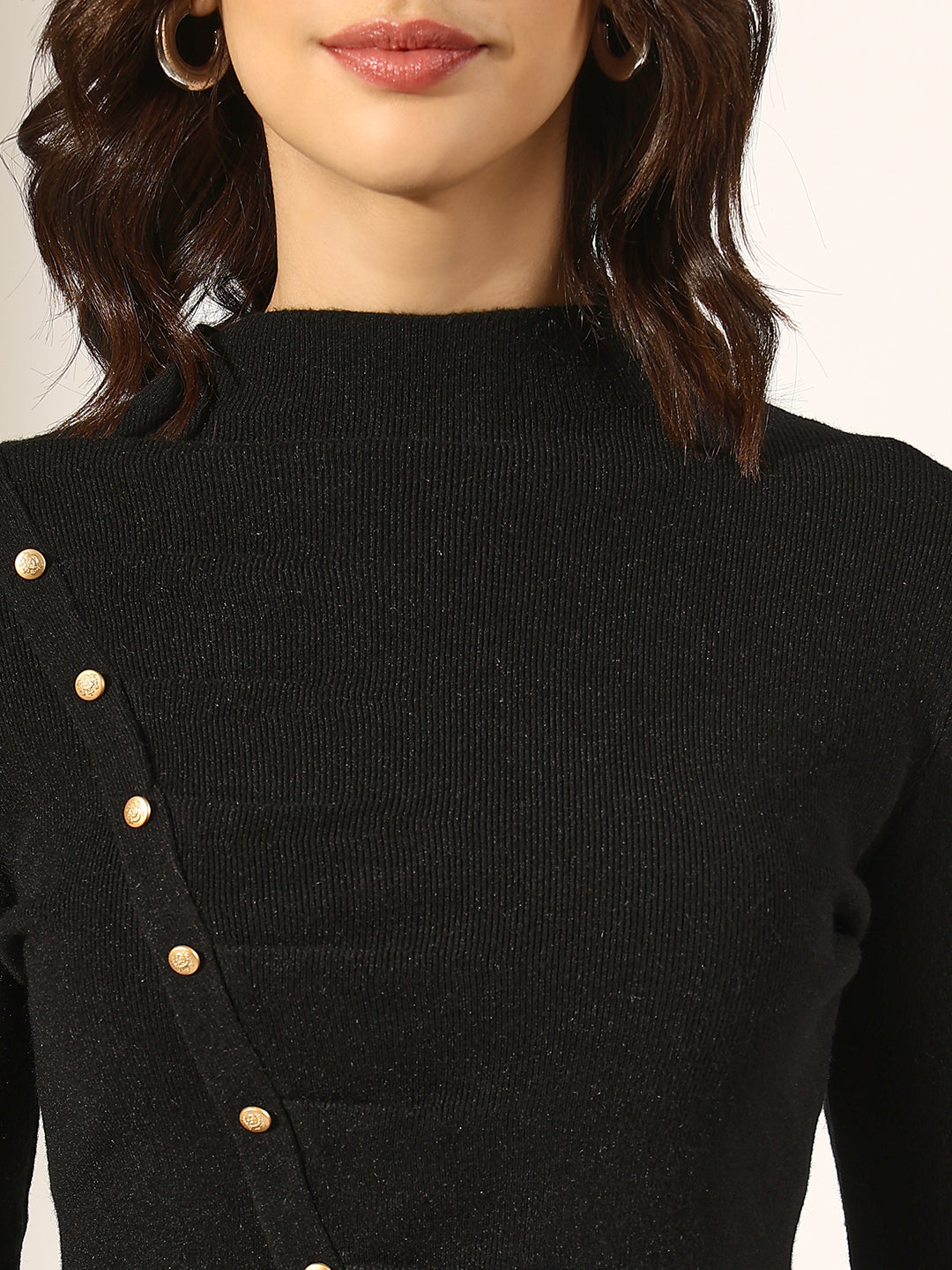 Women's Knitted Black Top with Asymmetric Hem & Button Detail
