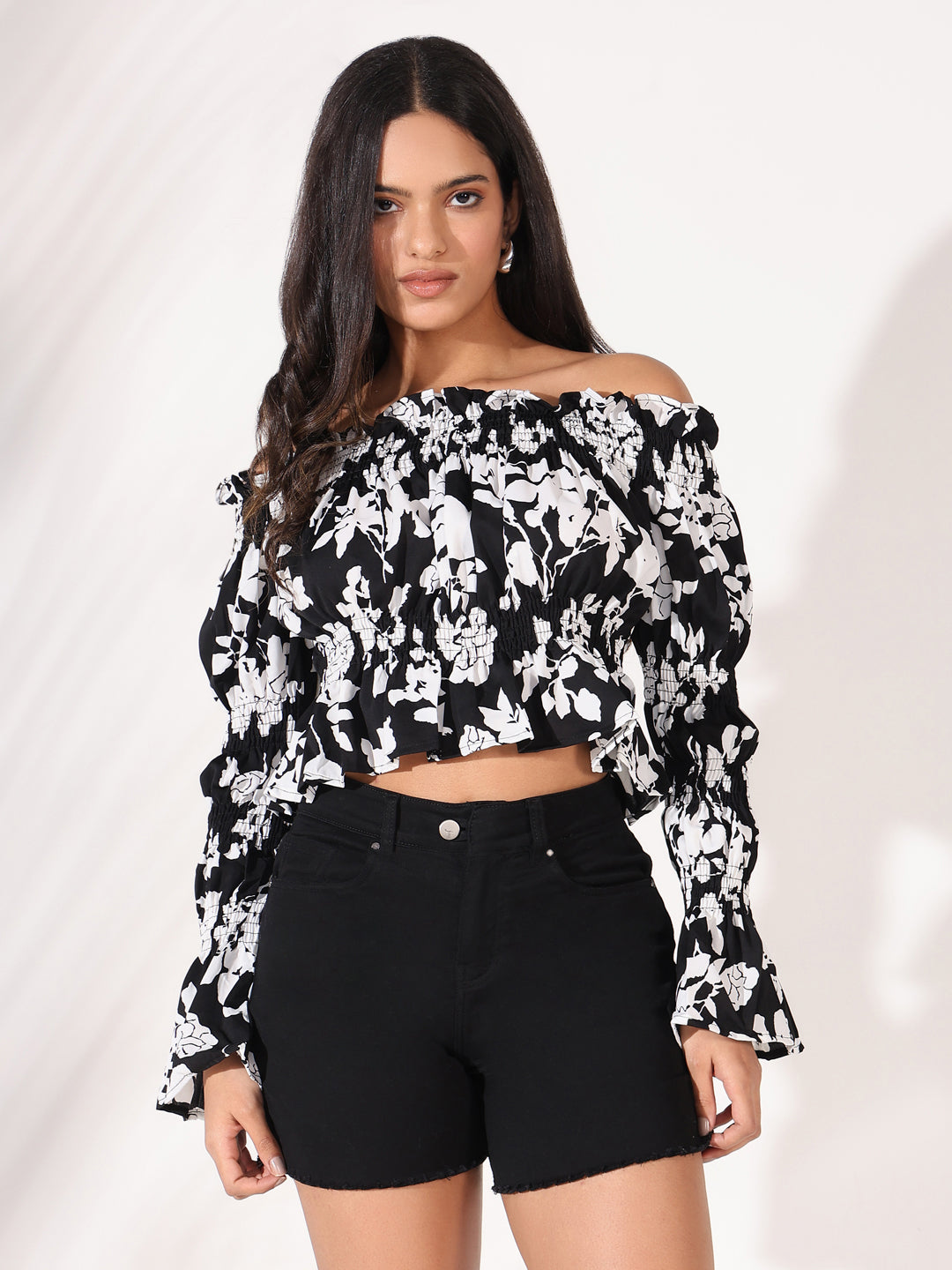 Women's Black Floral Printed Off-Shoulder Bardot Top With Smocked Detail