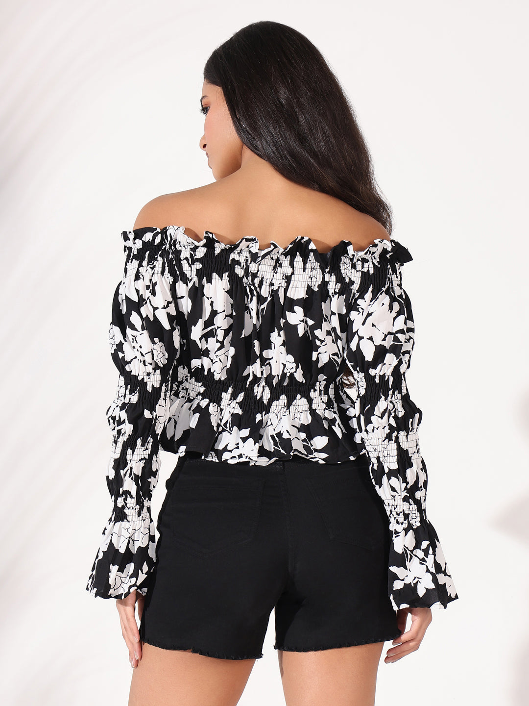 Women's Black Floral Printed Off-Shoulder Bardot Top With Smocked Detail
