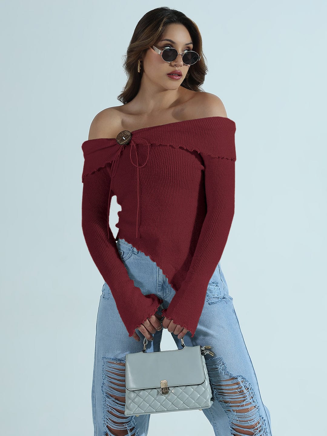 Women's Textured Maroon Asymmetric Off-Shoulder Knit Top with Wood Button