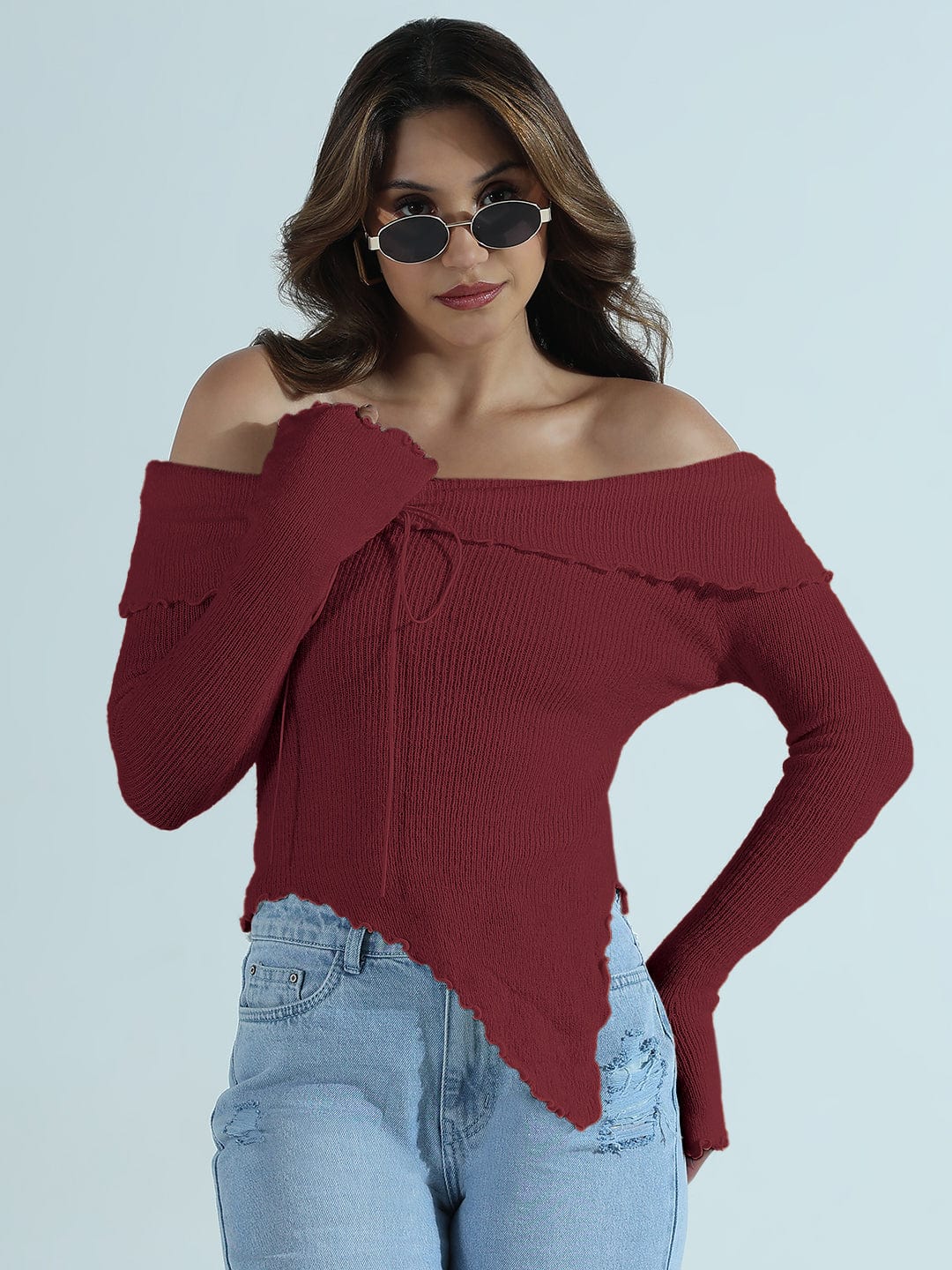 Women's Textured Maroon Asymmetric Off-Shoulder Knit Top with Wood Button