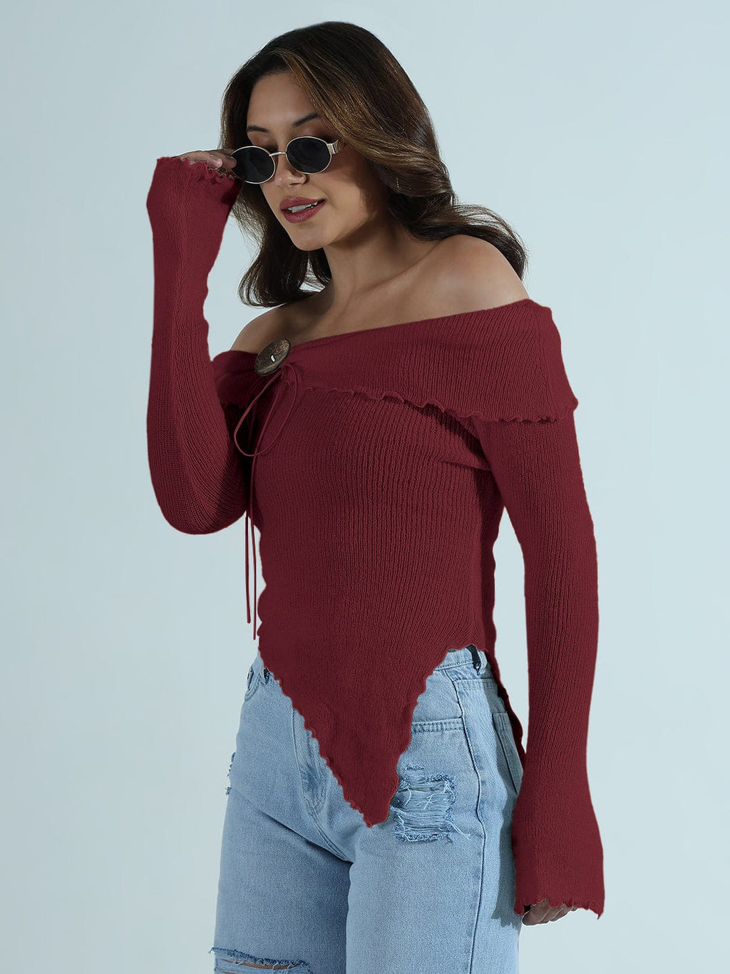 Women's Textured Maroon Asymmetric Off-Shoulder Knit Top with Wood Button
