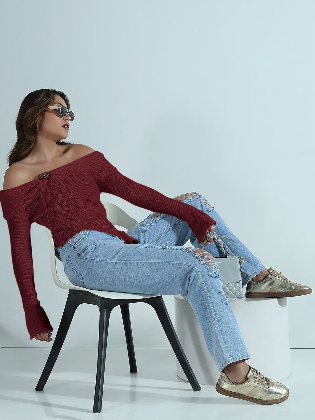 Women's Textured Maroon Asymmetric Off-Shoulder Knit Top with Wood Button