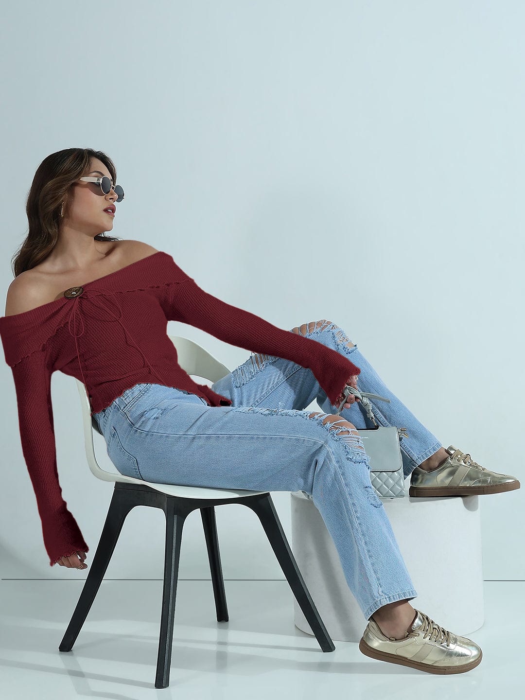 Women's Textured Maroon Asymmetric Off-Shoulder Knit Top with Wood Button