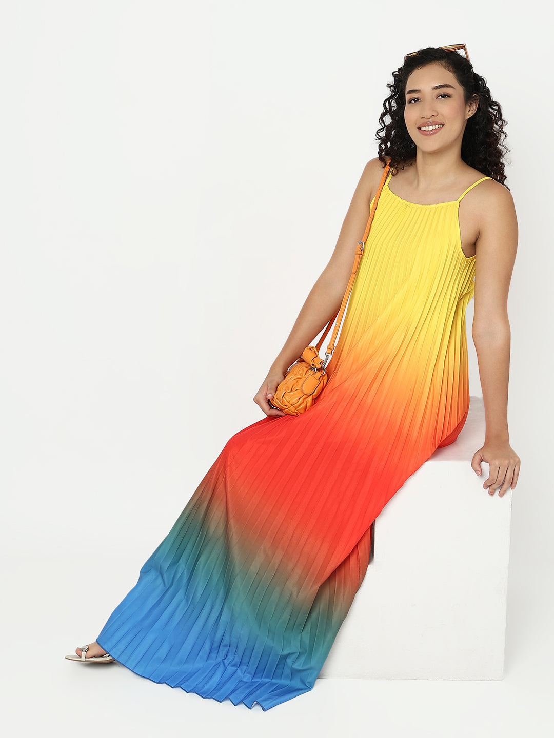 Women's Multicolor Shoulder Straps Maxi Sleeveless Dress with Accordion Pleats