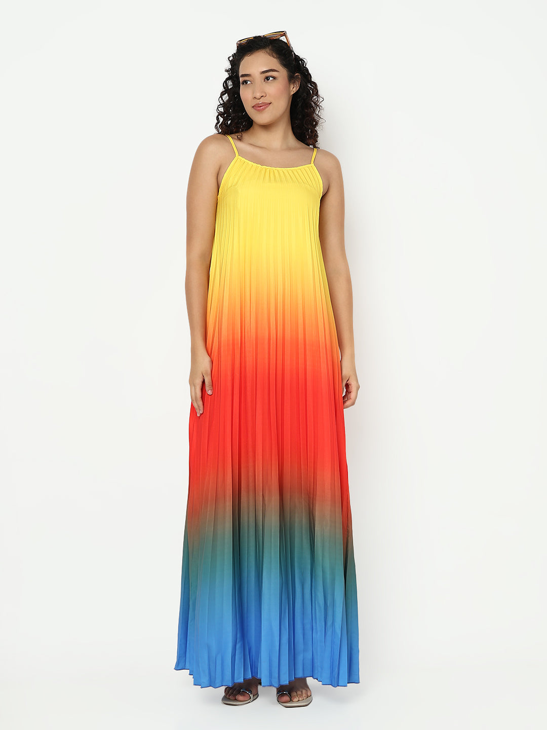 Women's Multicolor Shoulder Straps Maxi Sleeveless Dress with Accordion Pleats