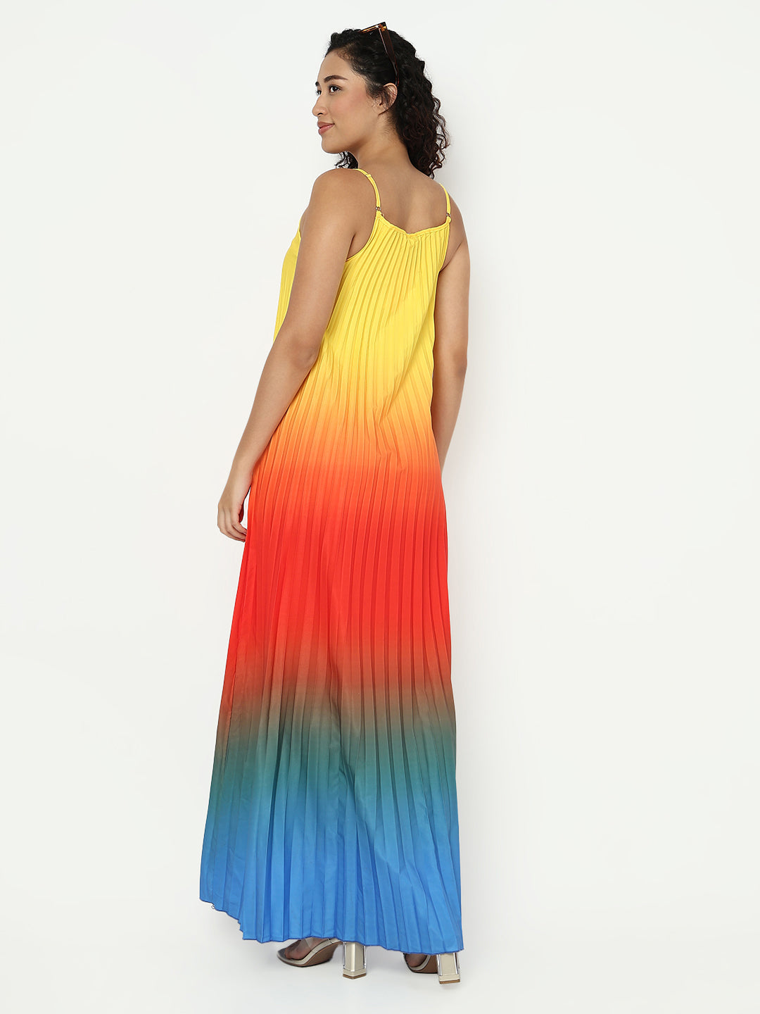 Women's Multicolor Shoulder Straps Maxi Sleeveless Dress with Accordion Pleats