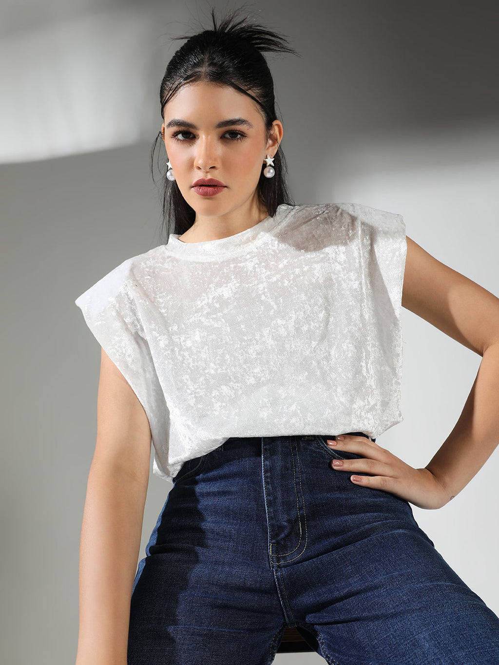 Women's Textured White Top with Shoulder Pads