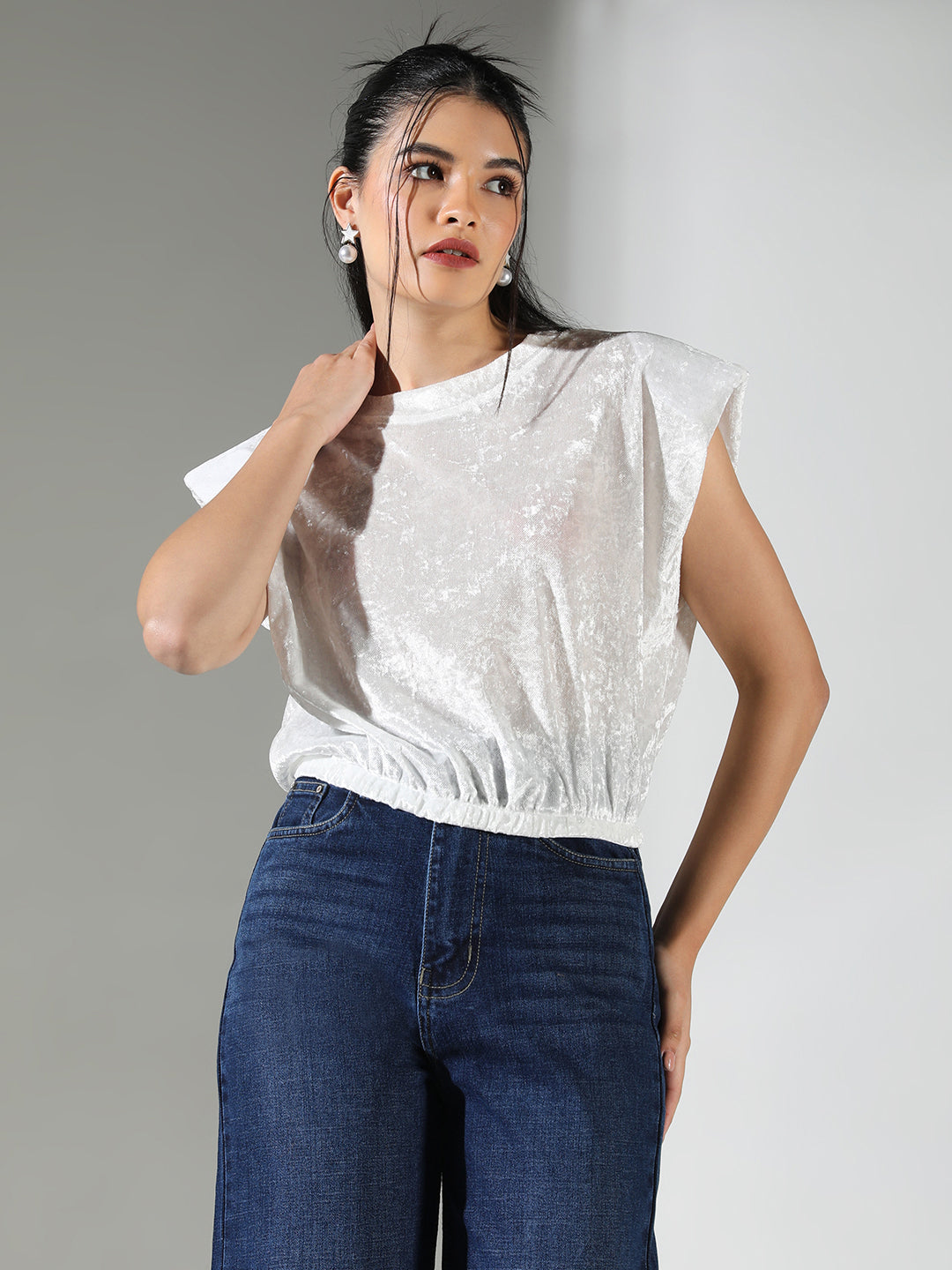 Women's Textured White Top with Shoulder Pads