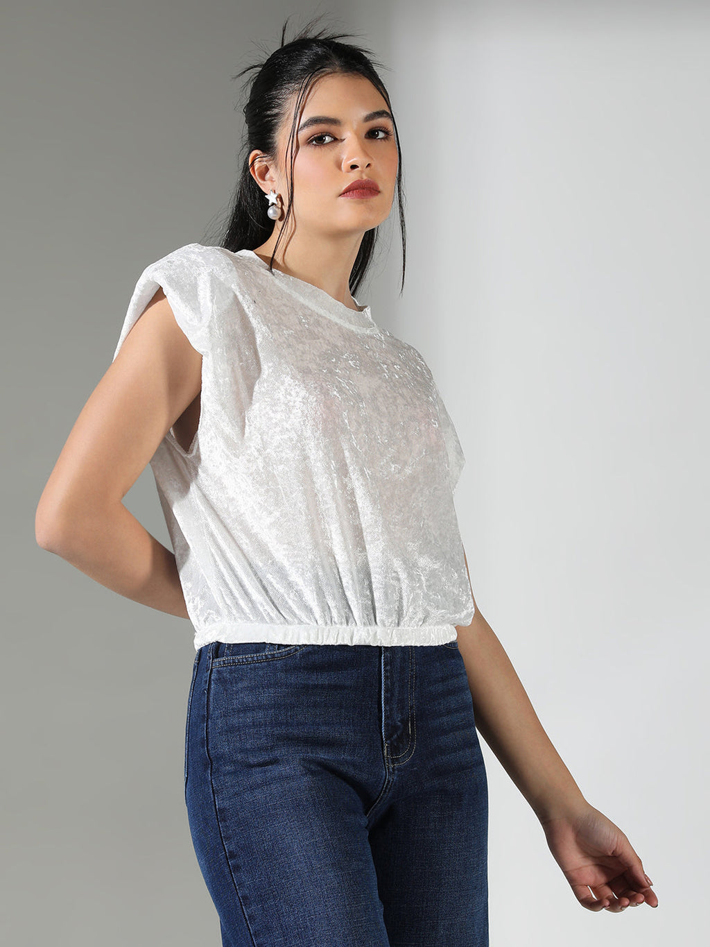 Women's Textured White Top with Shoulder Pads