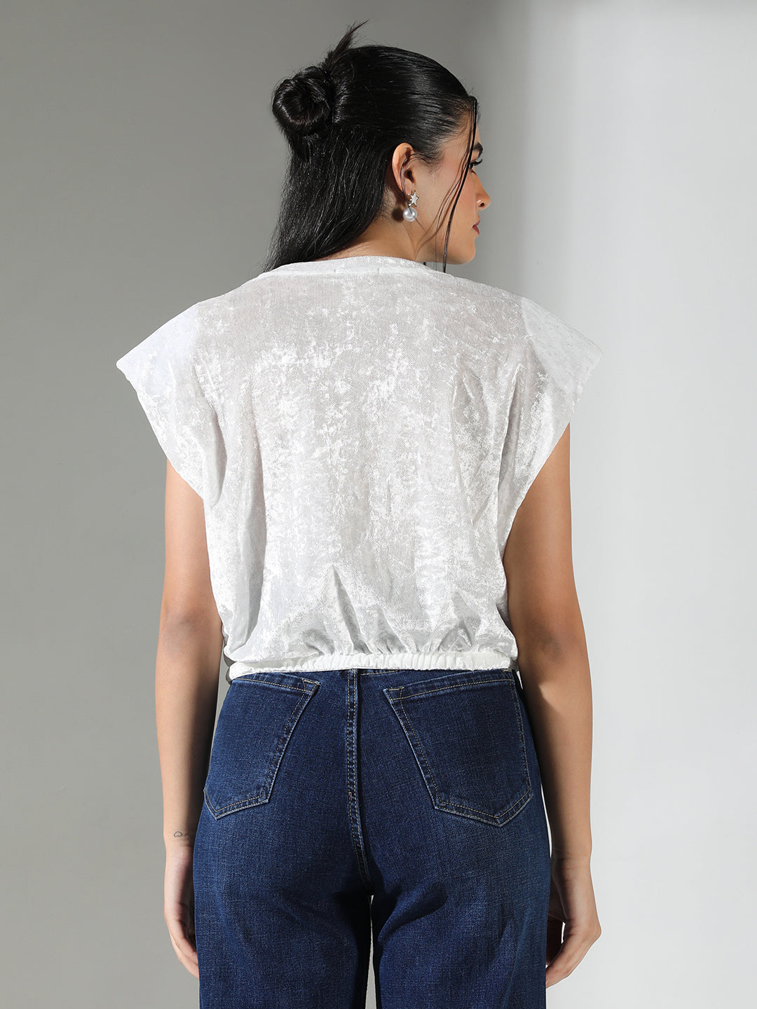 Women's Textured White Top with Shoulder Pads