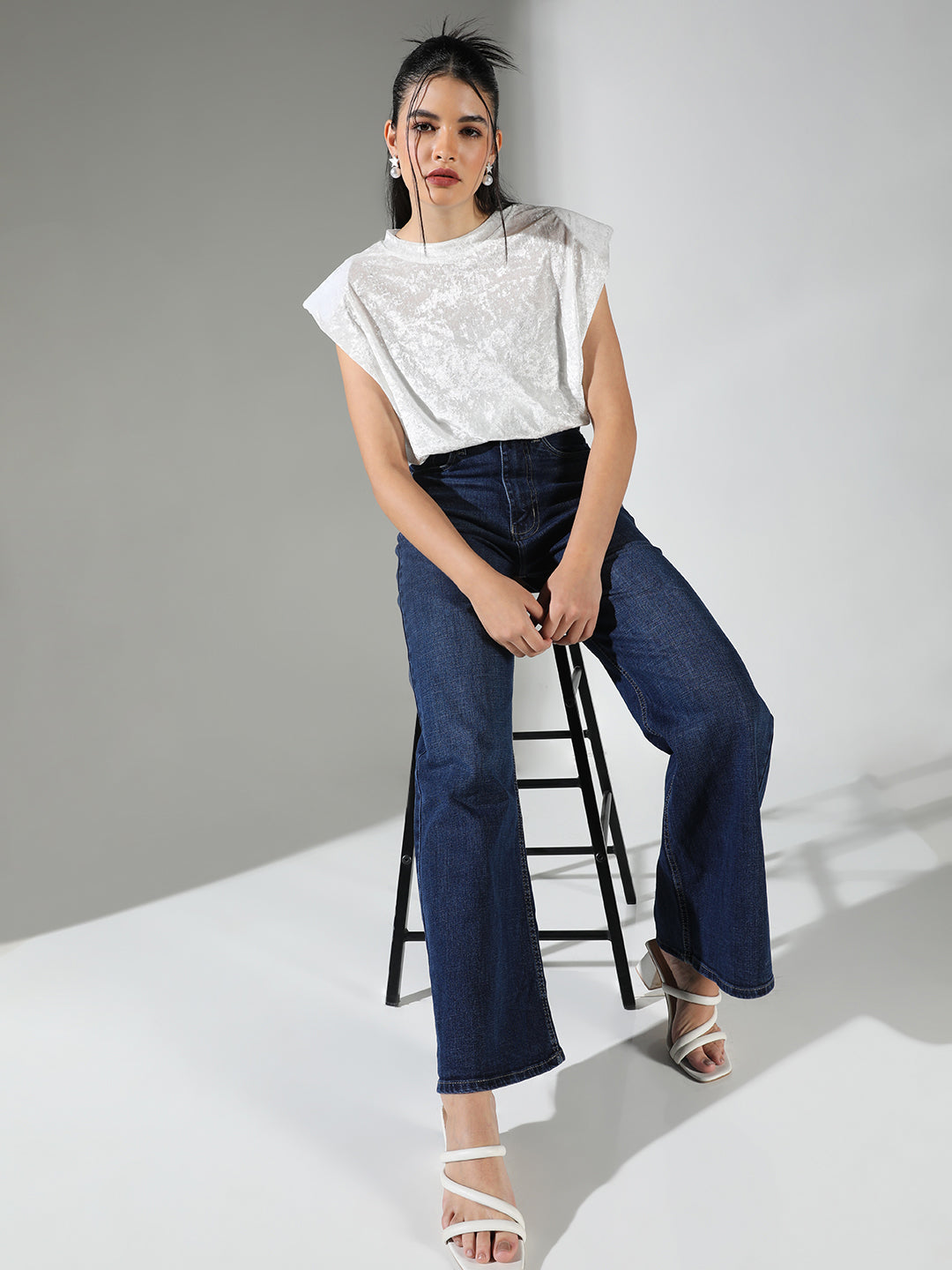 Women's Textured White Top with Shoulder Pads