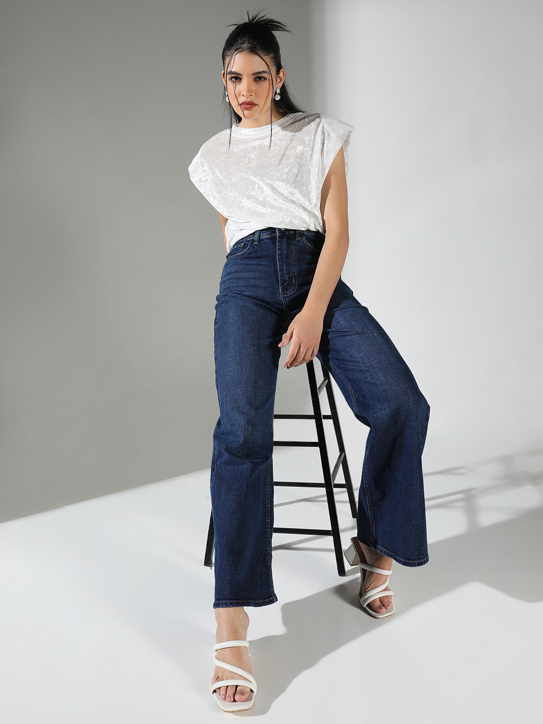 Women's Textured White Top with Shoulder Pads