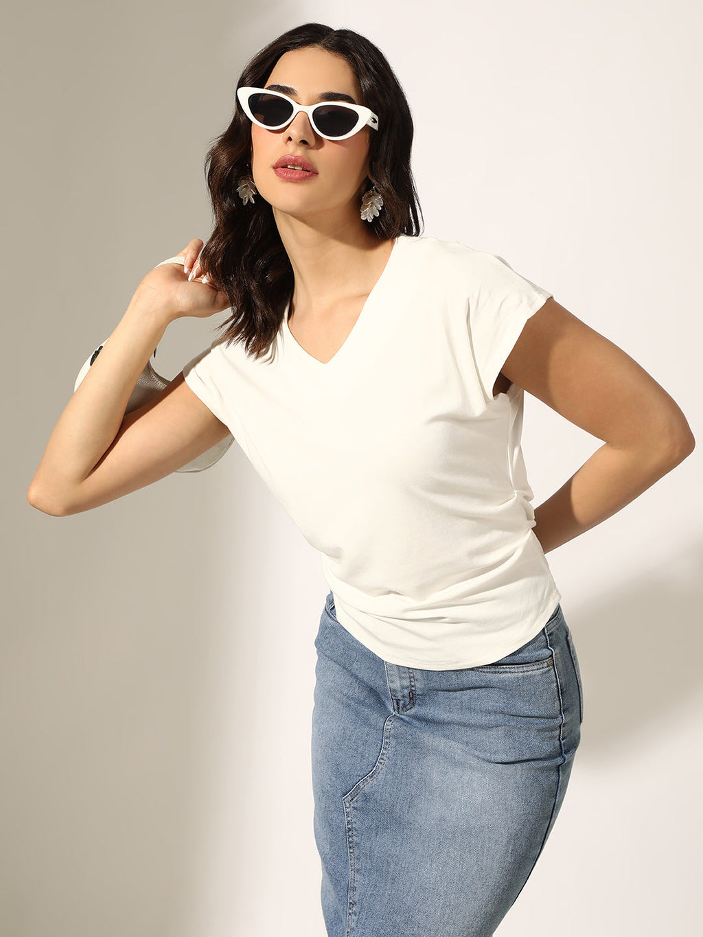 Women's White V-Neck Top with Cap Sleeves