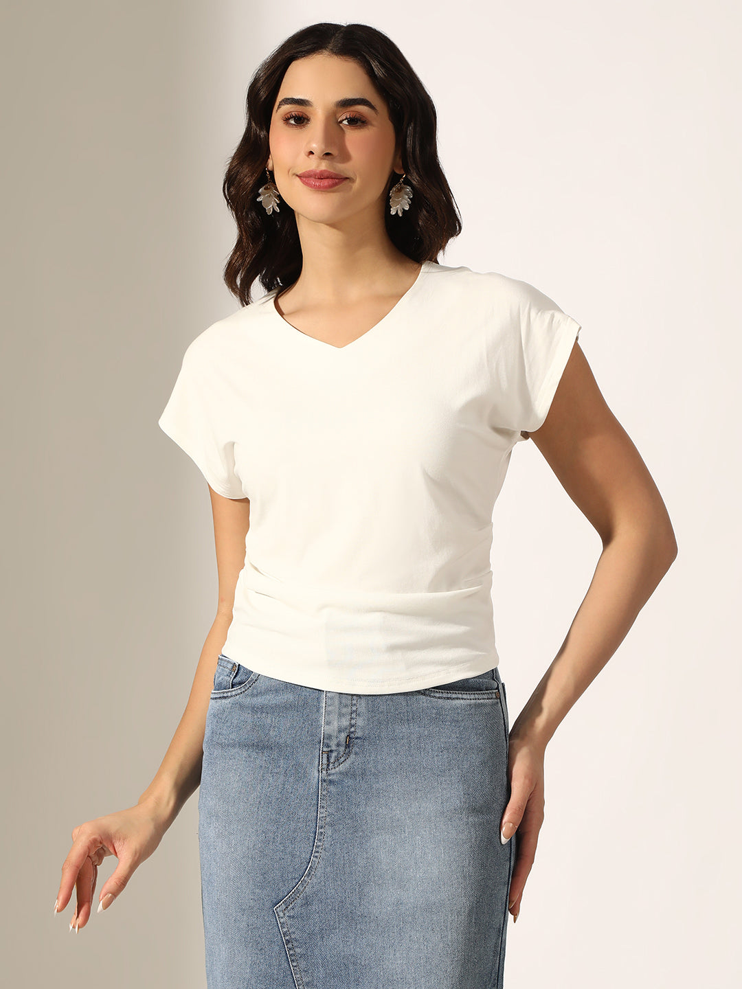 Women's White V-Neck Top with Cap Sleeves