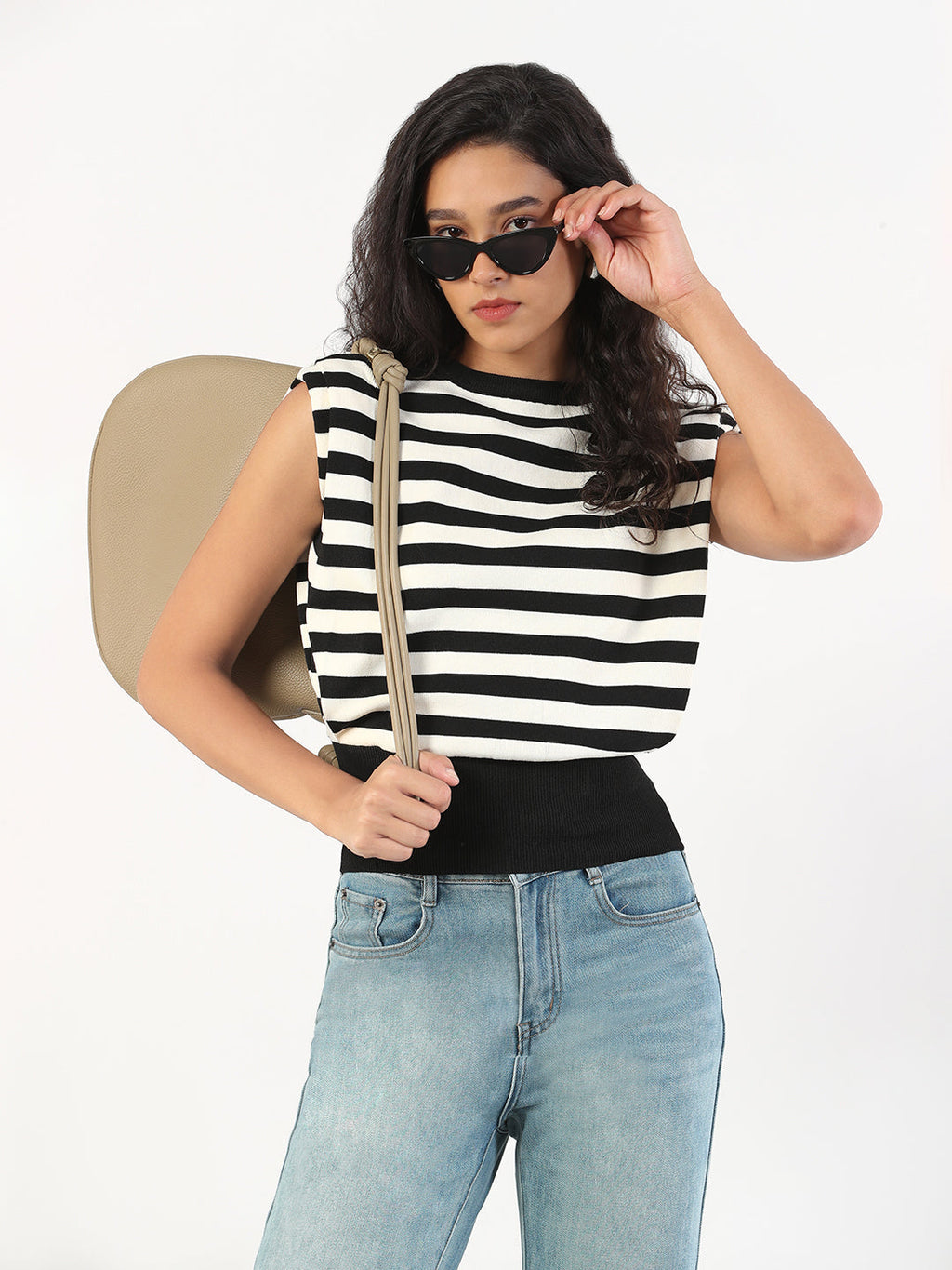 Women's Black & White Striped Round Neck Black Top