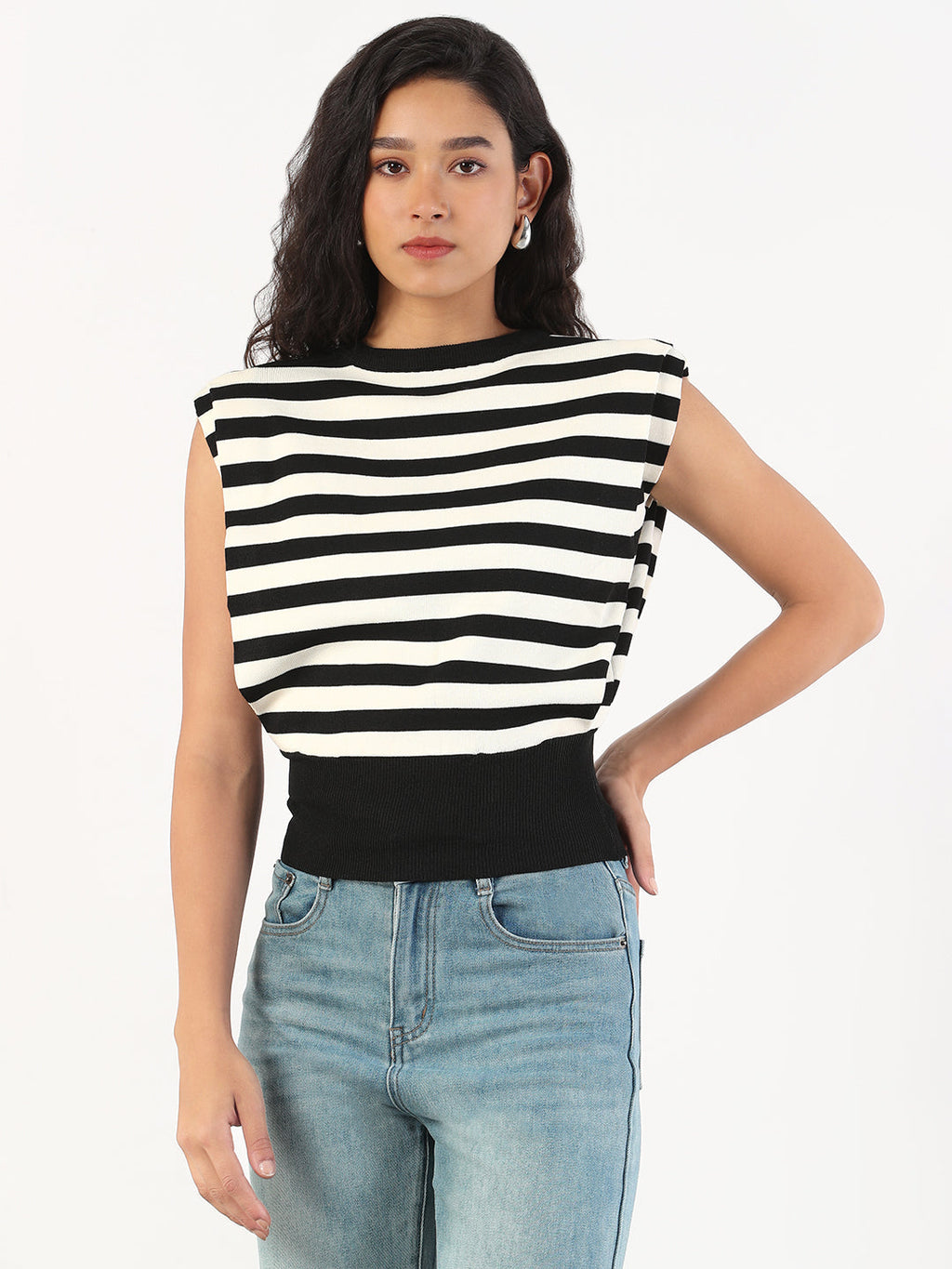 Women's Black & White Striped Round Neck Black Top