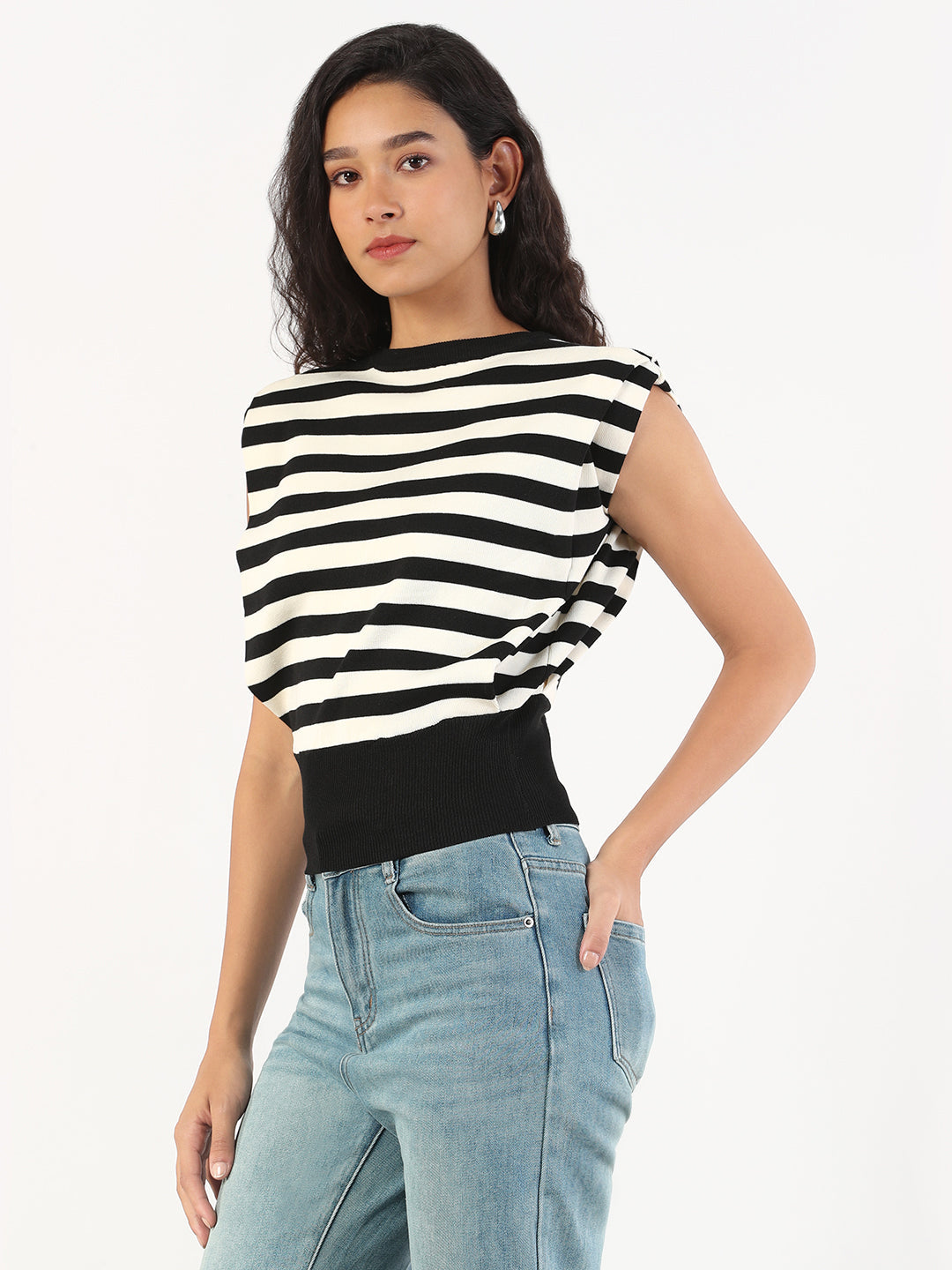 Women's Black & White Striped Round Neck Black Top