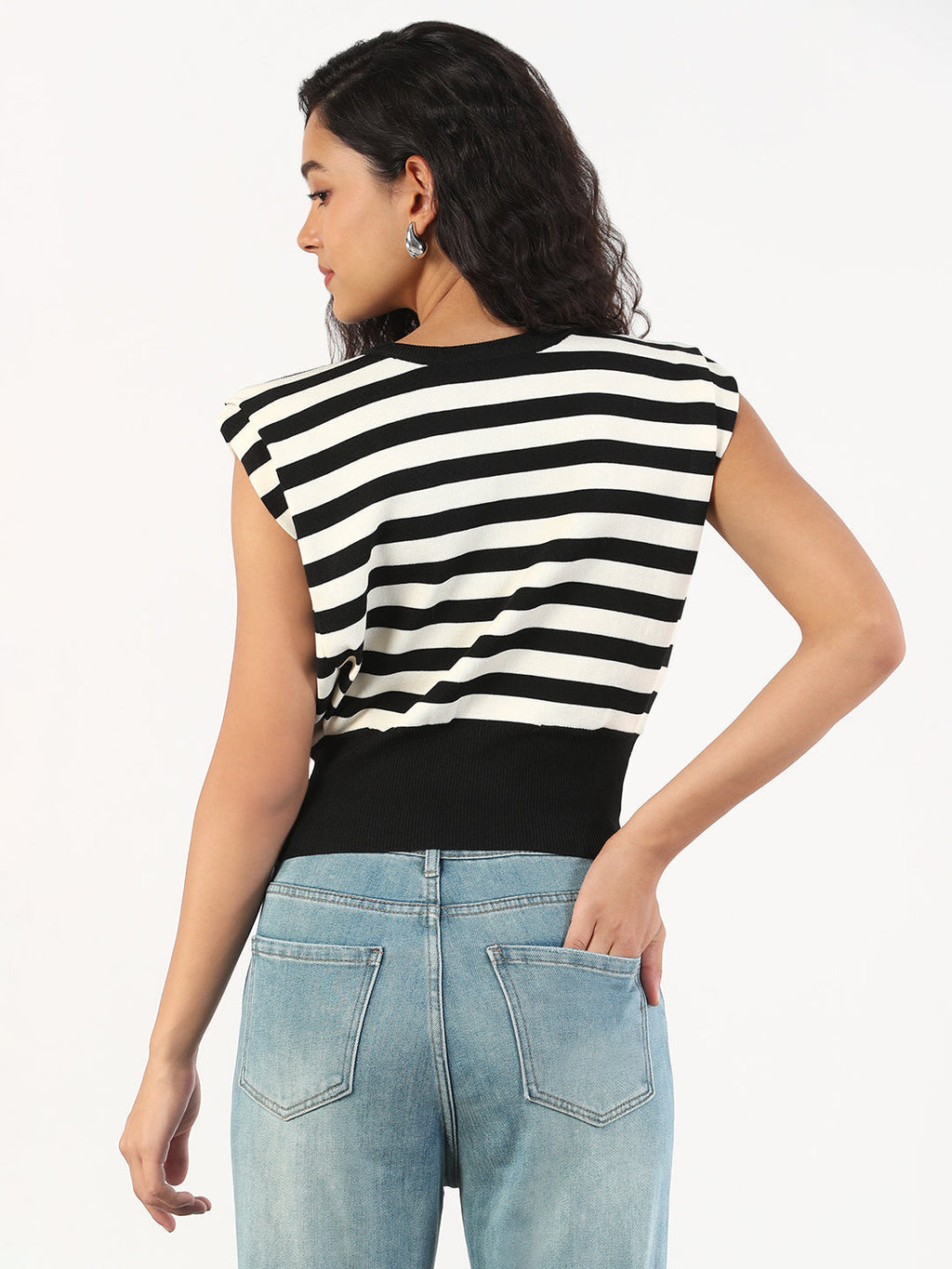 Women's Black & White Striped Round Neck Black Top