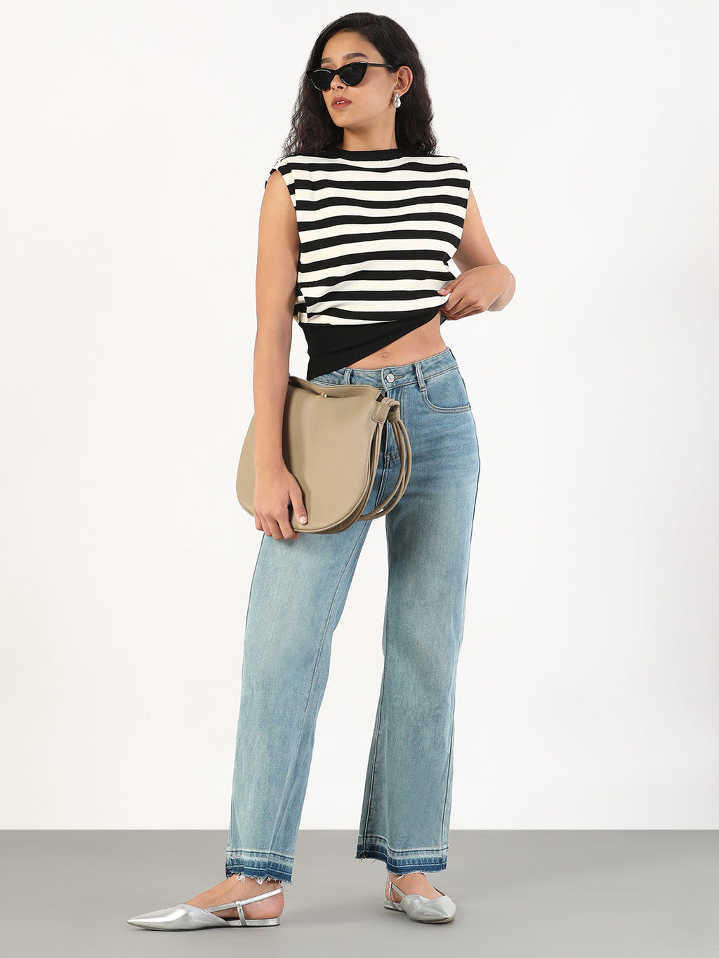 Women's Black & White Striped Round Neck Black Top