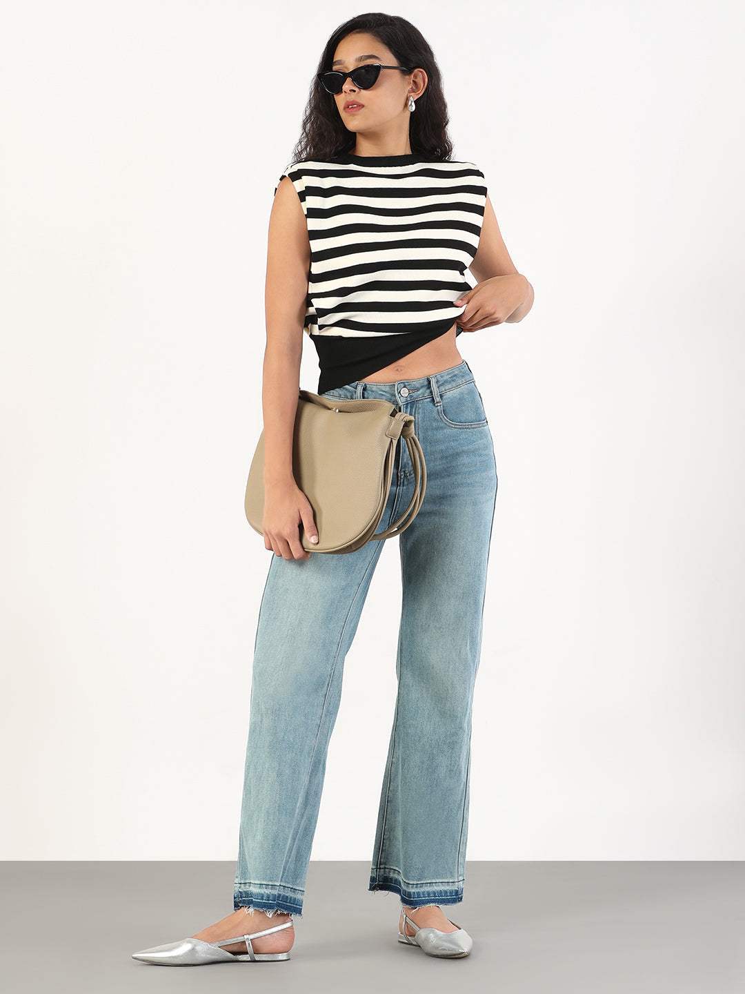 Women's Black & White Striped Round Neck Black Top