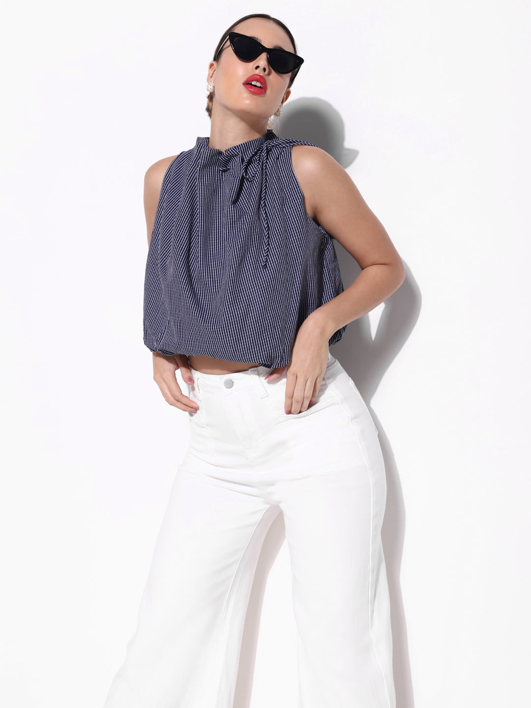 Women's Navy Checked Blue Balloon Crop Top with Neck Tie