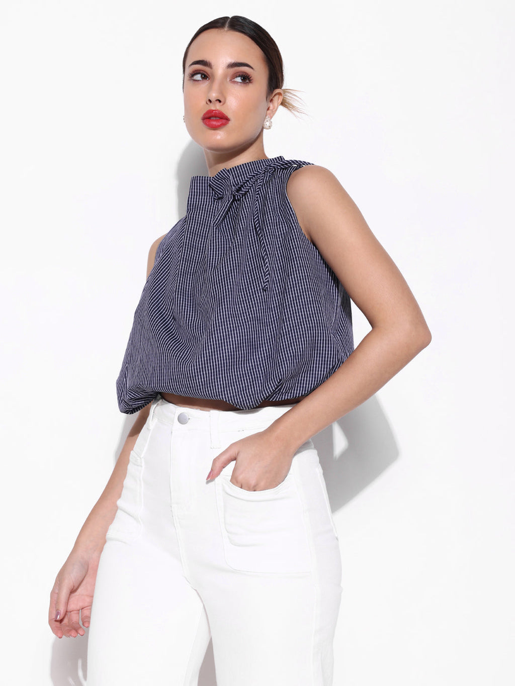 Women's Navy Checked Blue Balloon Crop Top with Neck Tie