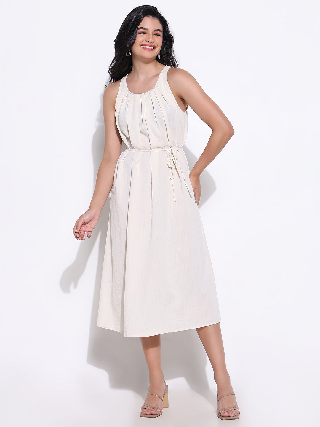 Women's Pleated Cream Round Neck Slip on Midi Dress waist Tie