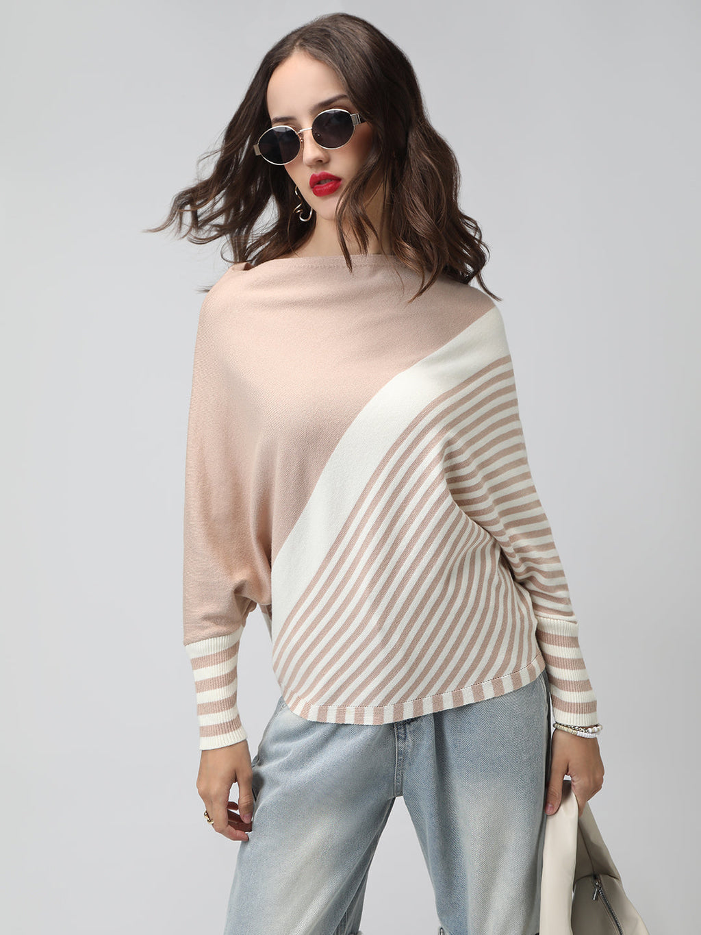 Women's Striped Colour blocked Beige & White Top
