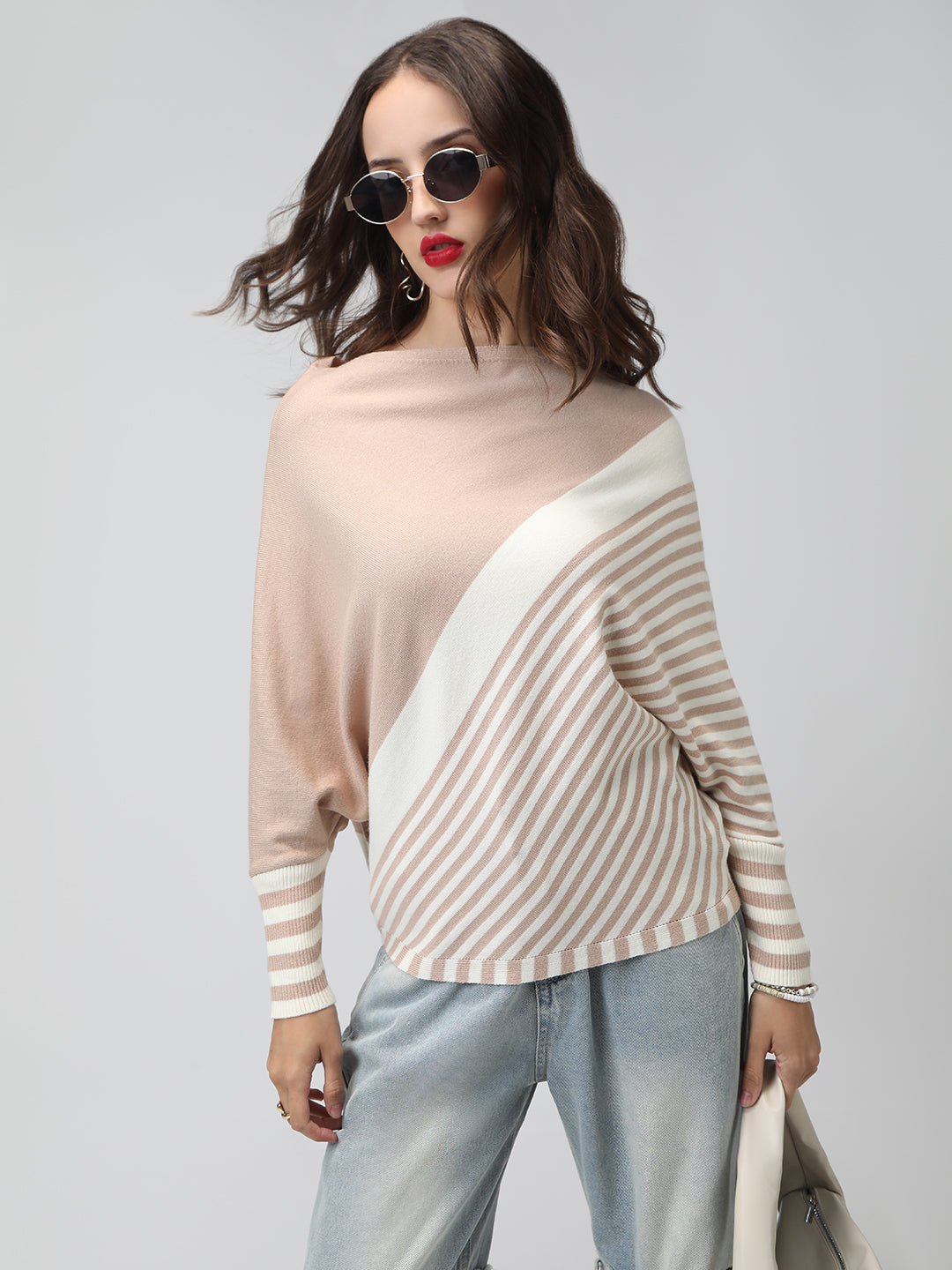 Women's Striped Colour blocked Beige & White Top