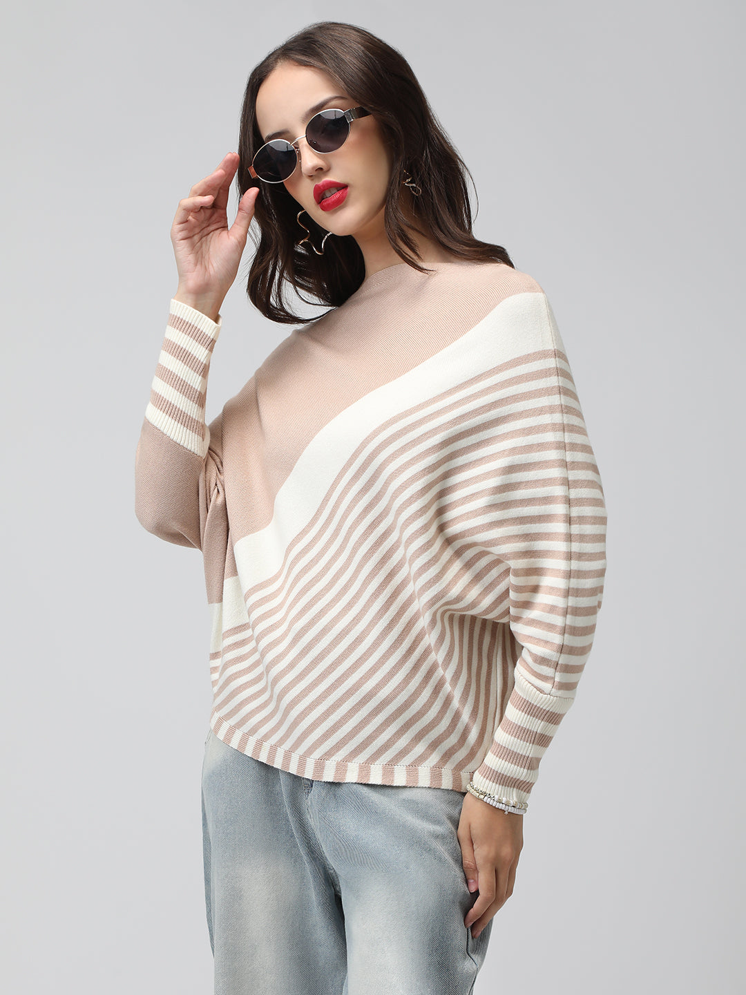 Women's Striped Colour blocked Beige & White Top