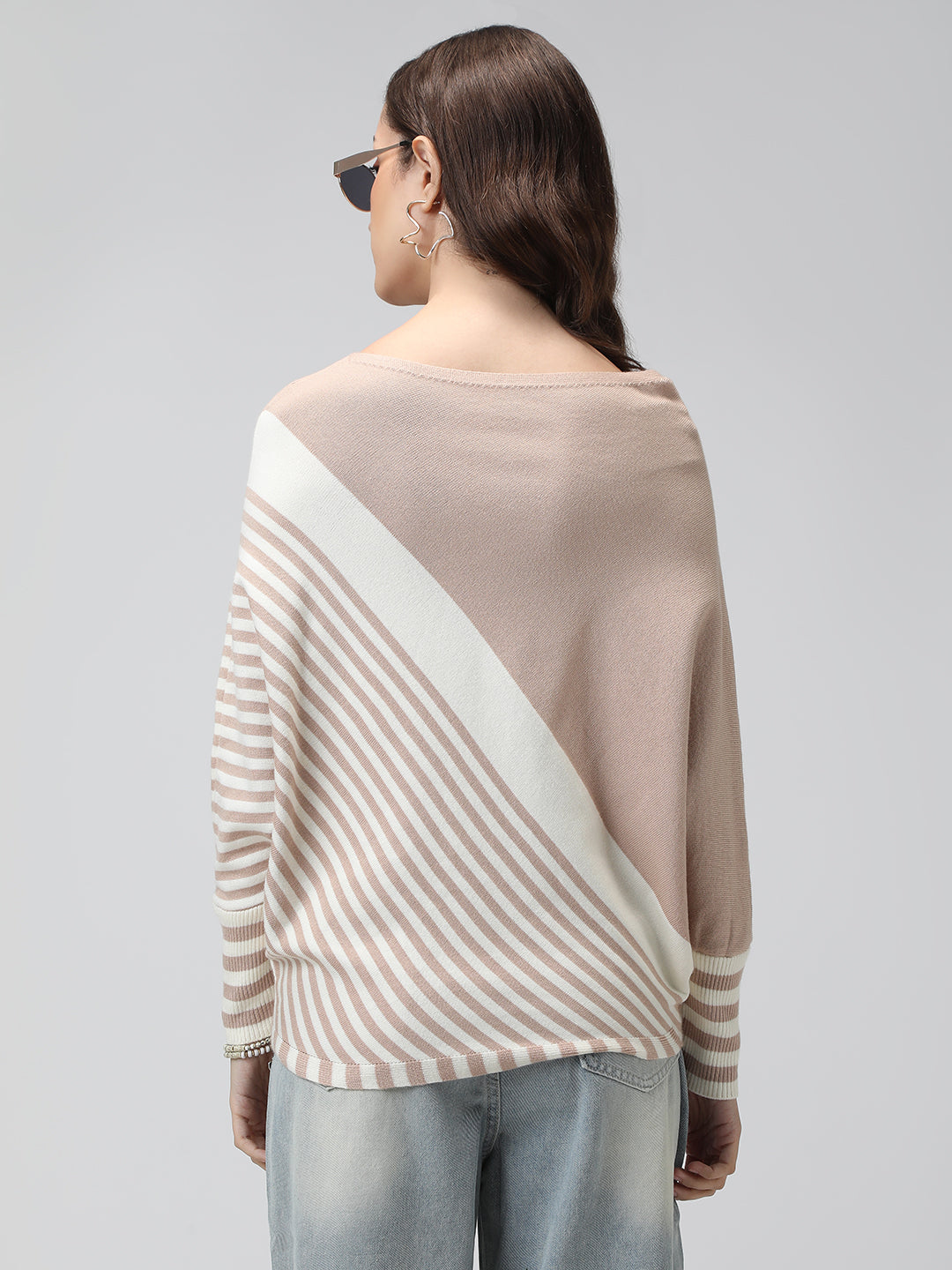 Women's Striped Colour blocked Beige & White Top