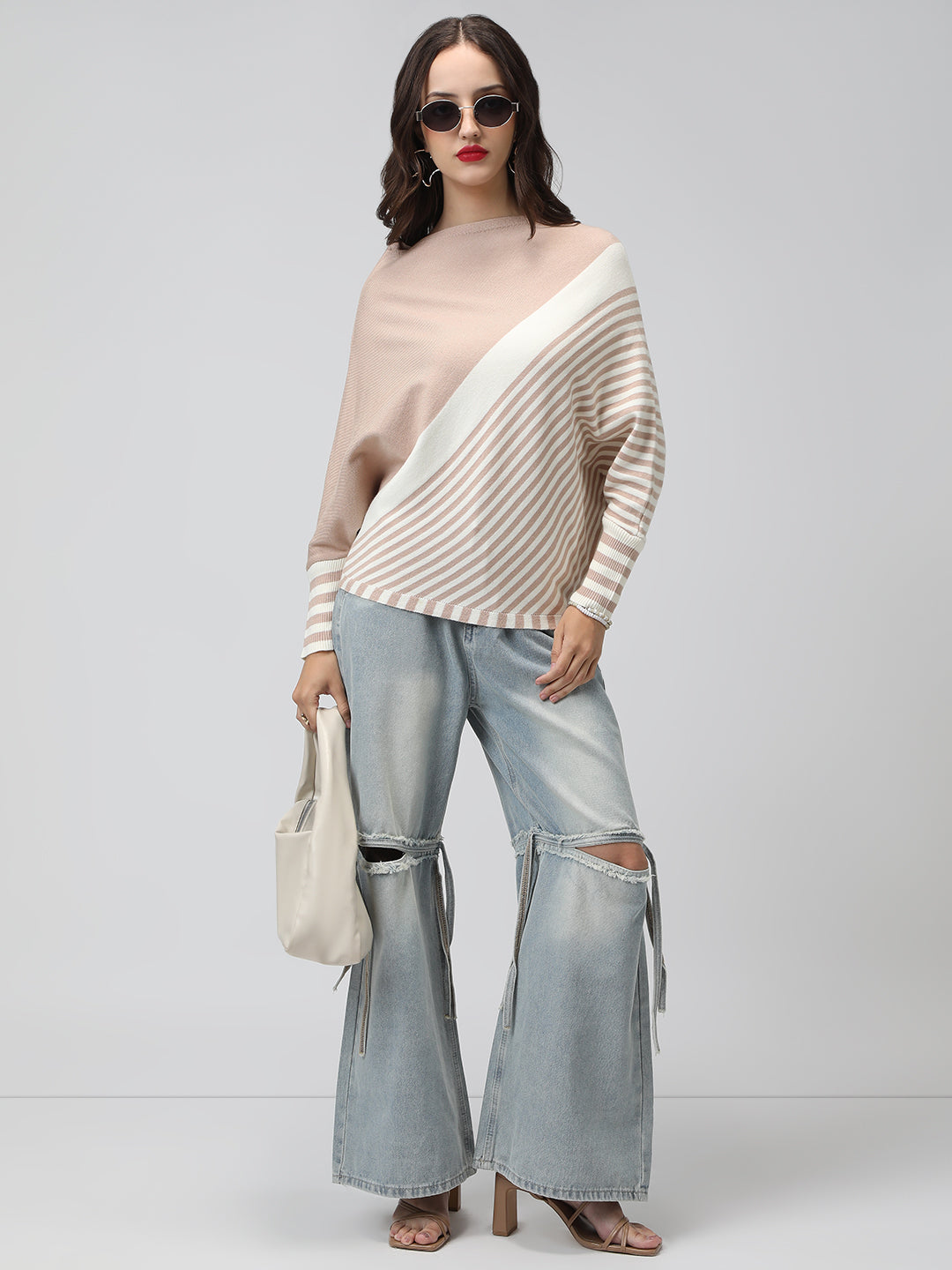 Women's Striped Colour blocked Beige & White Top