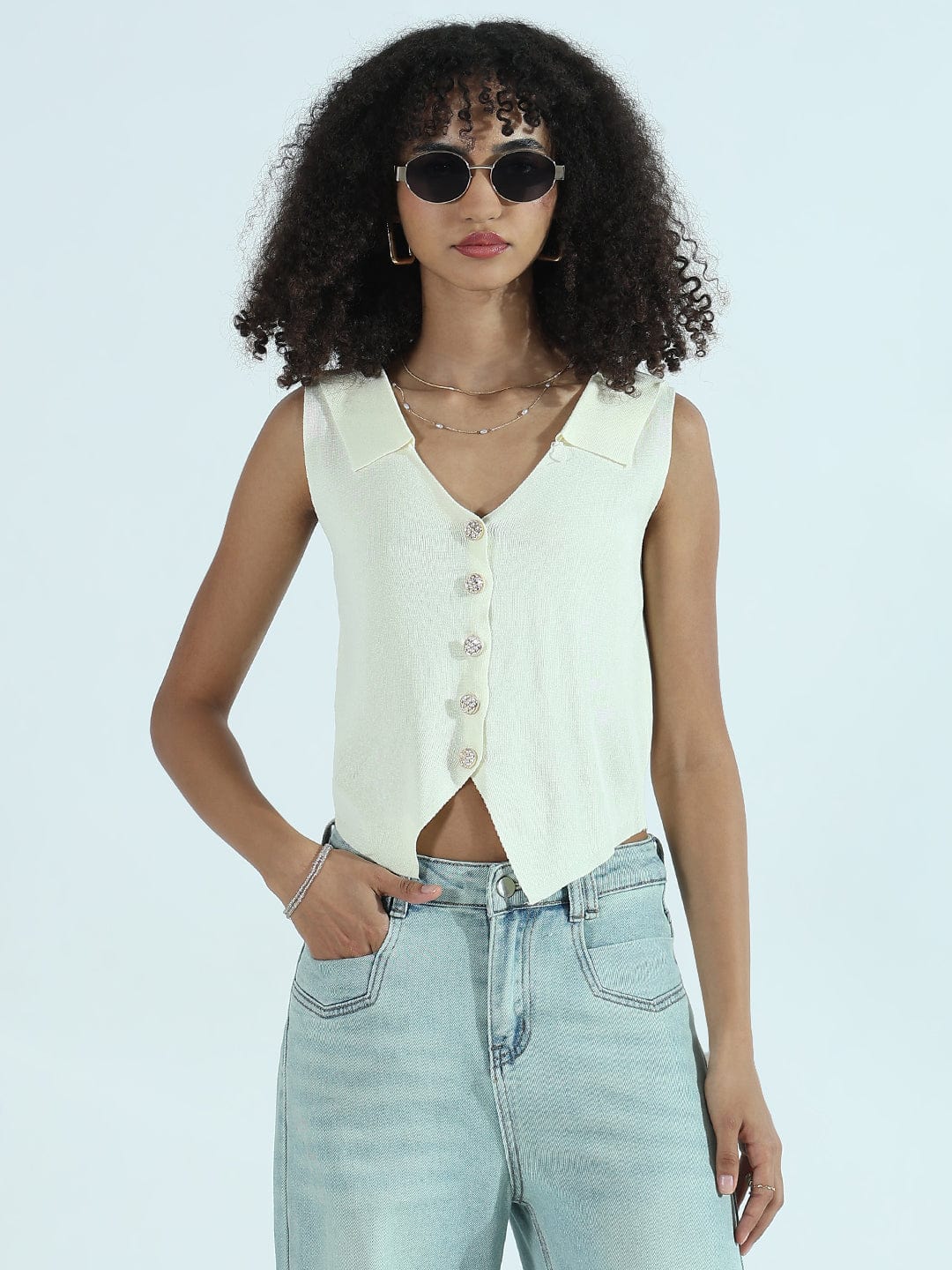 Women's Cream Vest Top with Gold Buttons and Spread Collar