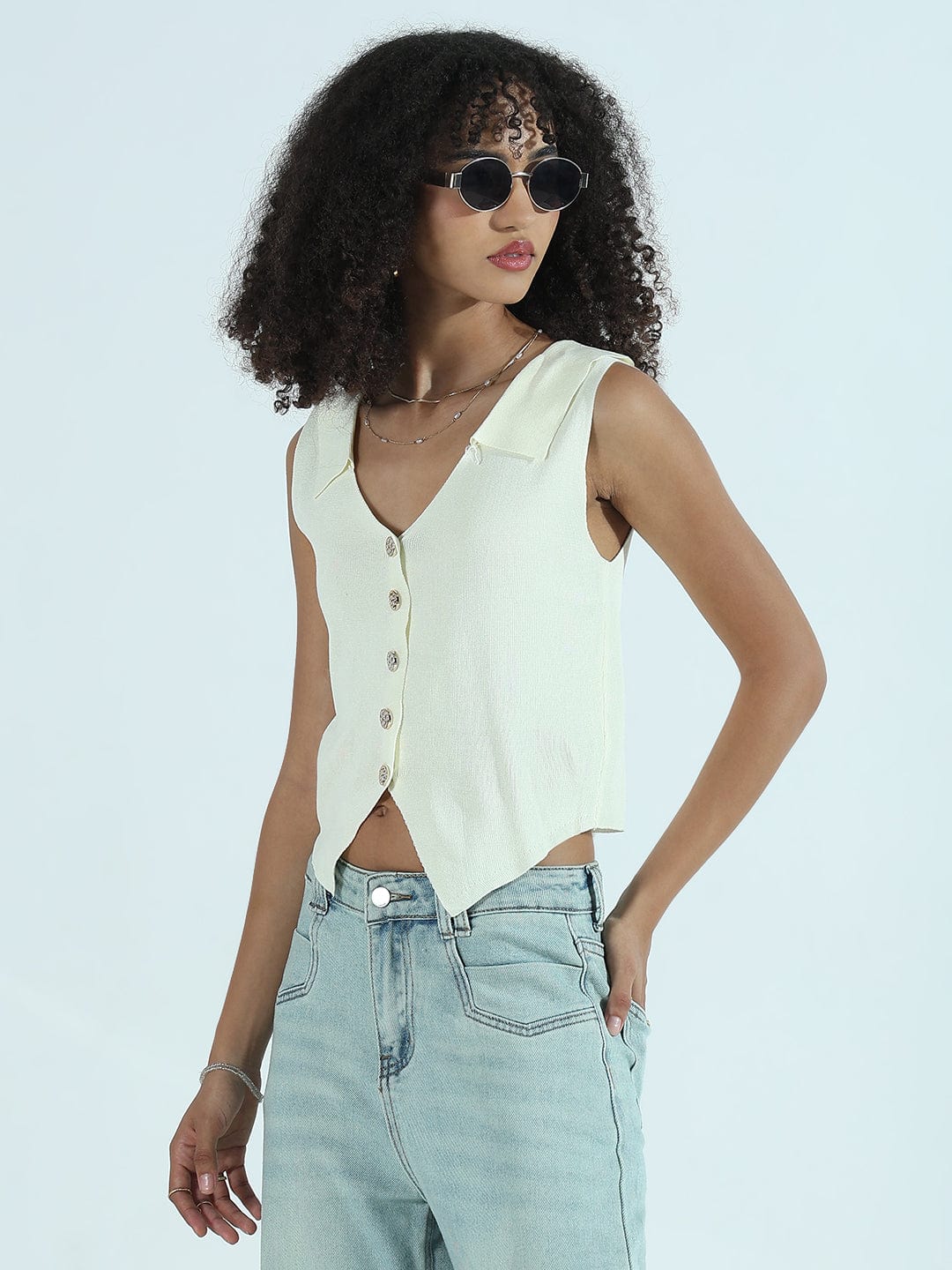 Women's Cream Vest Top with Gold Buttons and Spread Collar