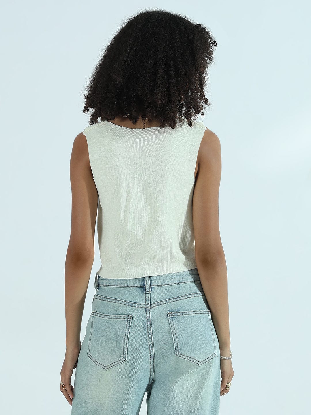 Women's Cream Vest Top with Gold Buttons and Spread Collar