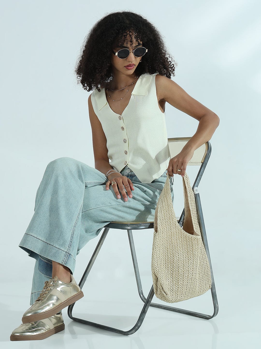 Women's Cream Vest Top with Gold Buttons and Spread Collar