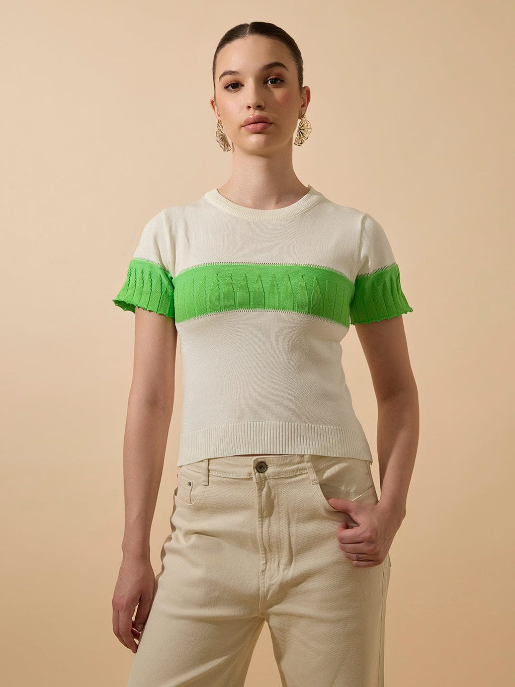 Women's Ribbed Colourblocked Off White Knitted Top