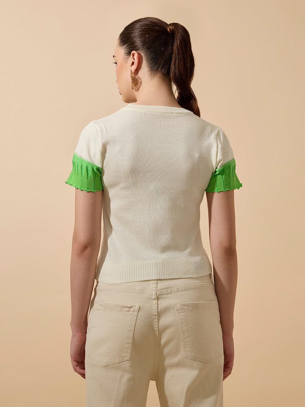 Women's Ribbed Colourblocked Off White Knitted Top