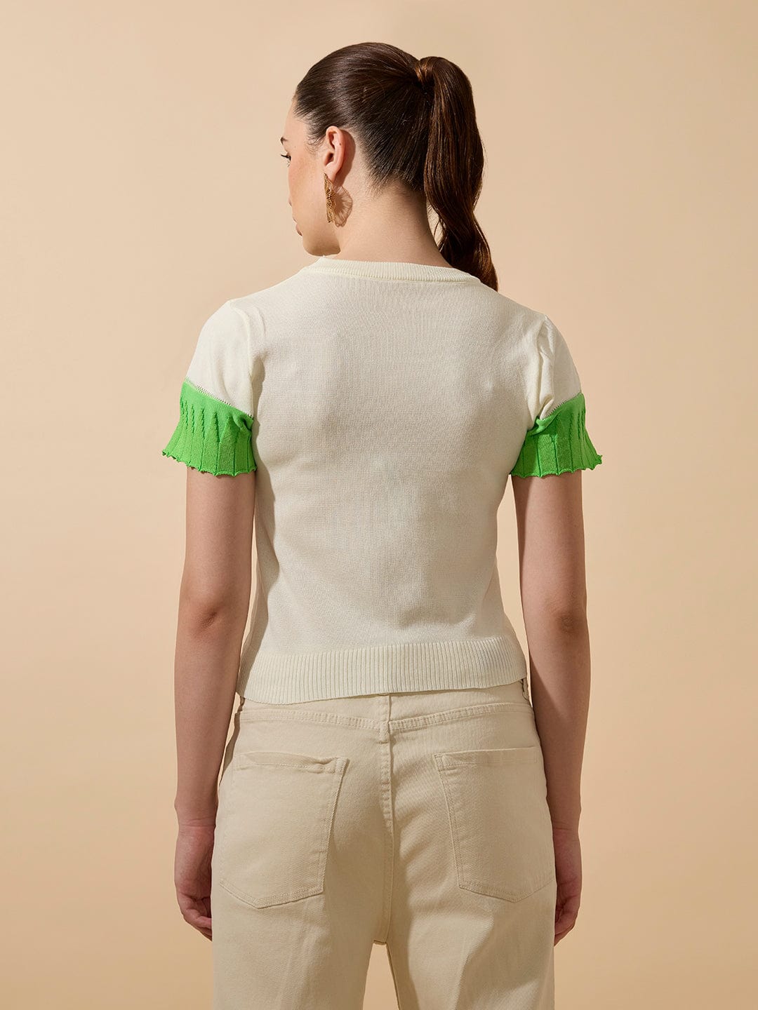 Women's Ribbed Colourblocked Off White Knitted Top