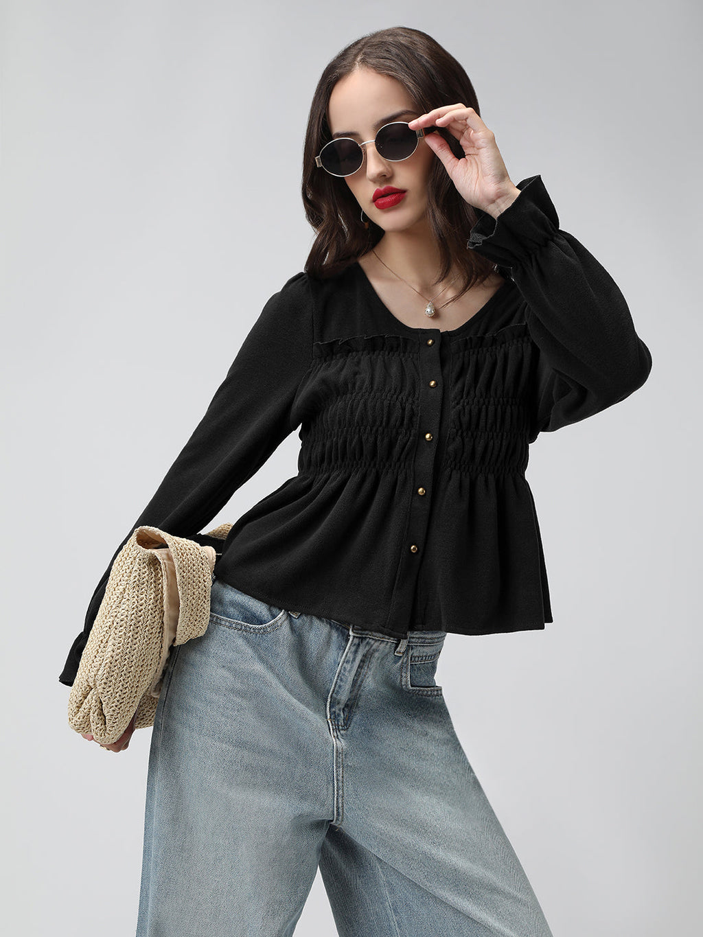 Women's Black V-Neck Long Sleeve Smocked Top