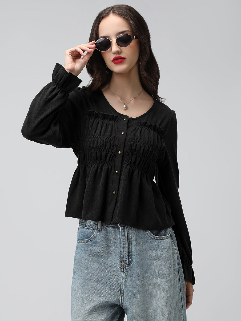 Women's Black V-Neck Long Sleeve Smocked Top