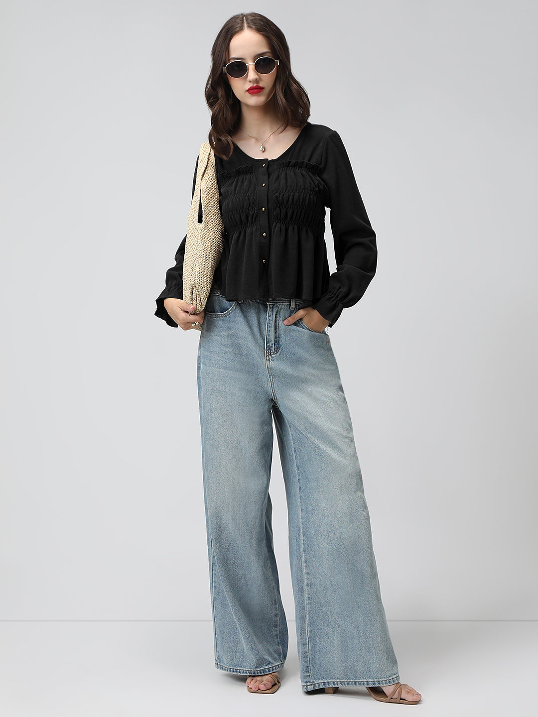 Women's Black V-Neck Long Sleeve Smocked Top