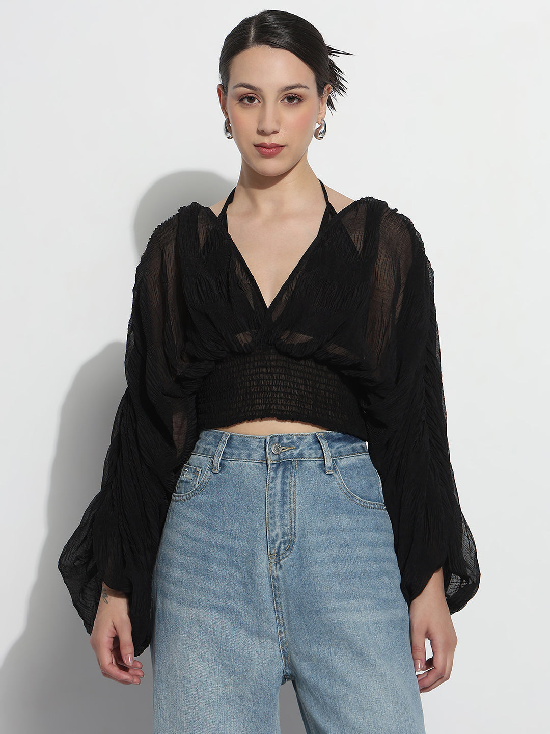 Women's Black V-neck Ruched Balloon Sleeve Top