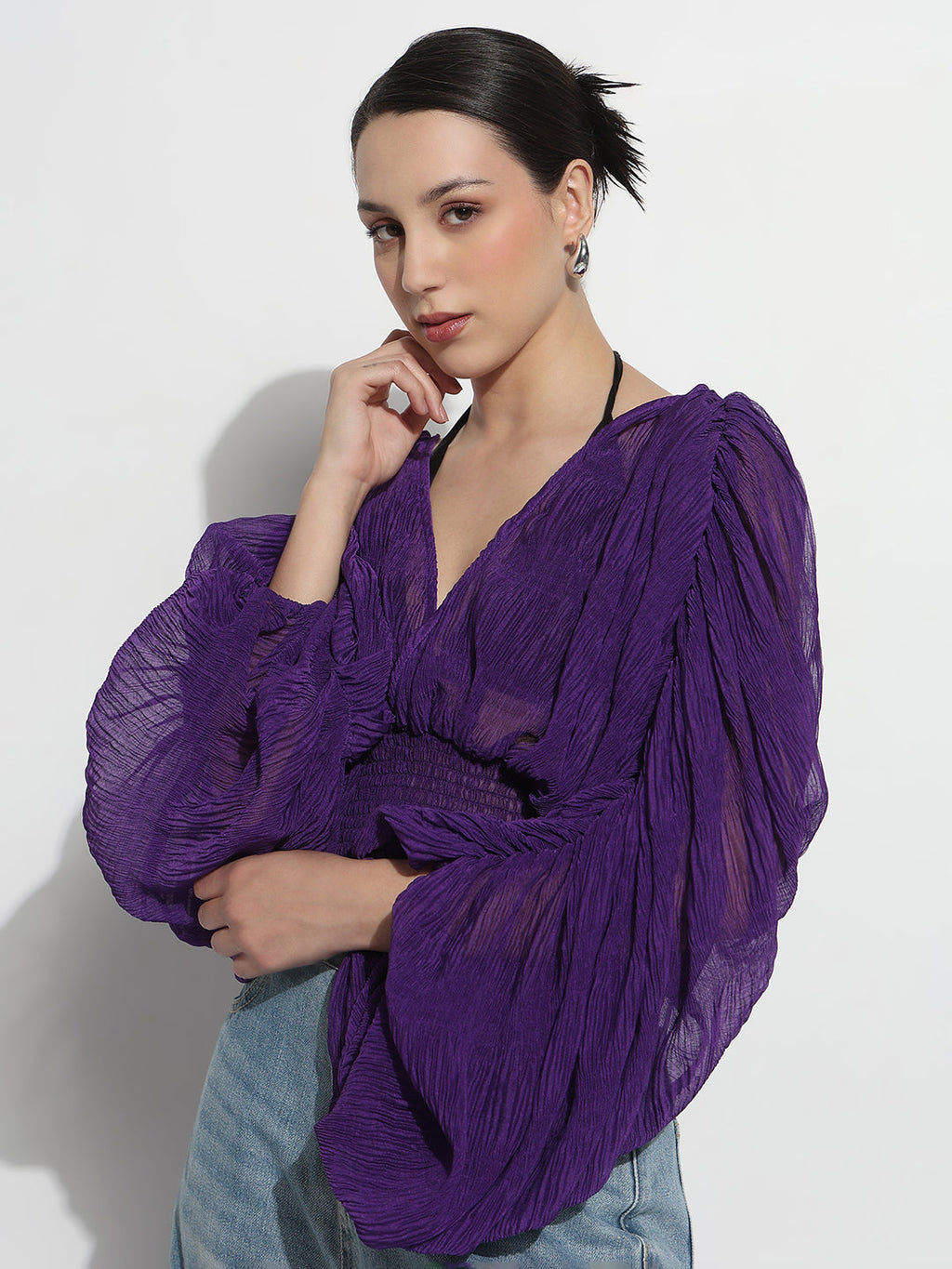 Women's Purple V-neck Ruched Balloon Sleeve Top